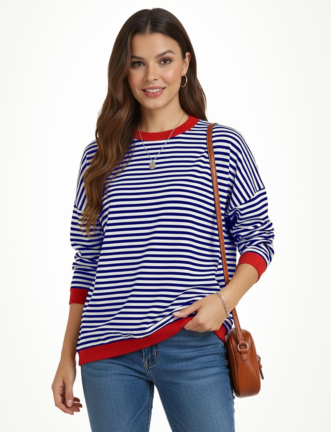 Buauty Womens Long Sleeve Crewneck Knitted Striped Sweaters Casual Color Block Drop Shoulder Pullover 2025 Trendy Tops - Image 5