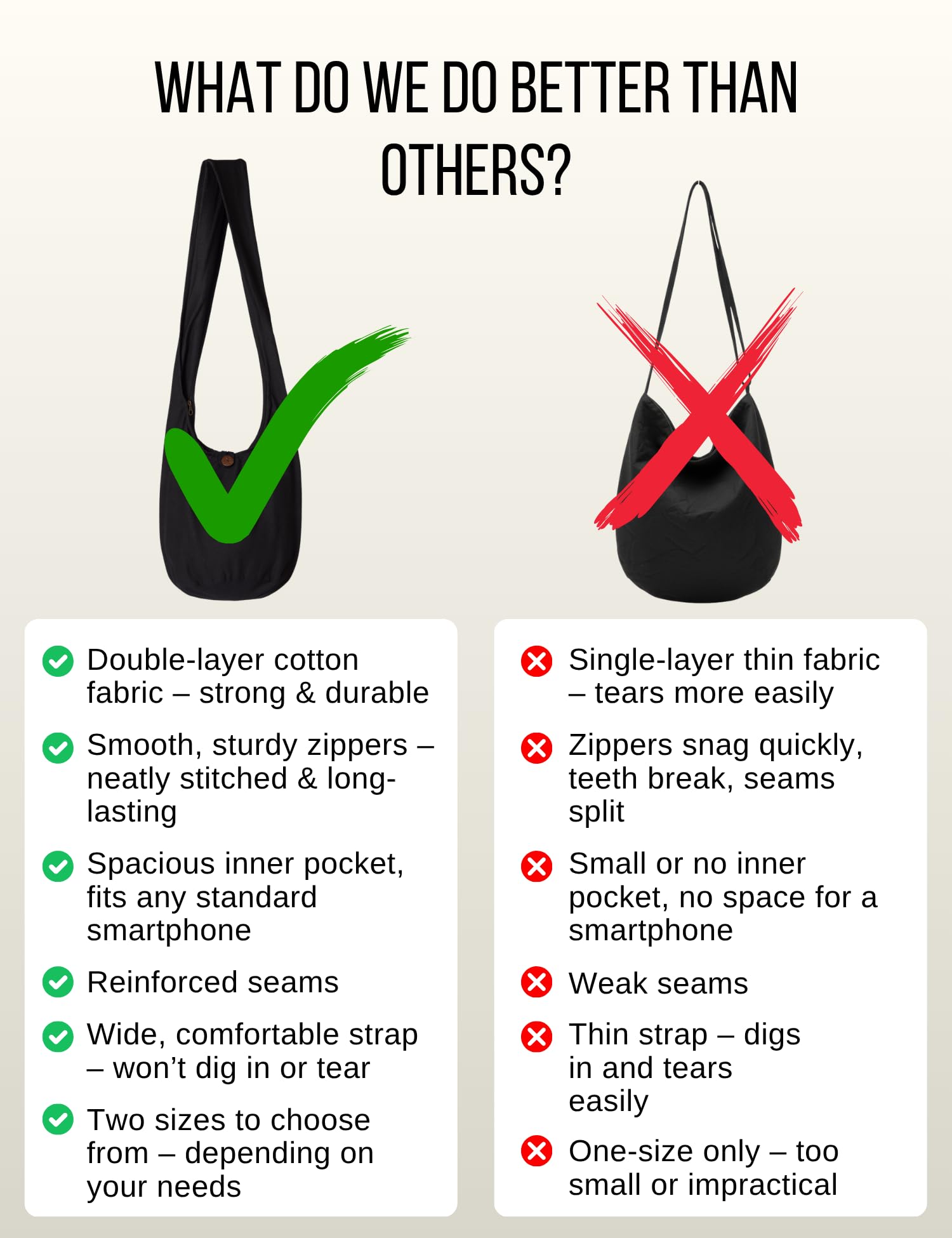 PANASIAM Torba na ramię damska & męska - Duża & lekka torba bawełniana | Bawełniana torba unisex, torba crossbody, 2 rozmiary z zamkiem & wewnętrzną kieszenią, trwała & łatwa w pielęgnacji