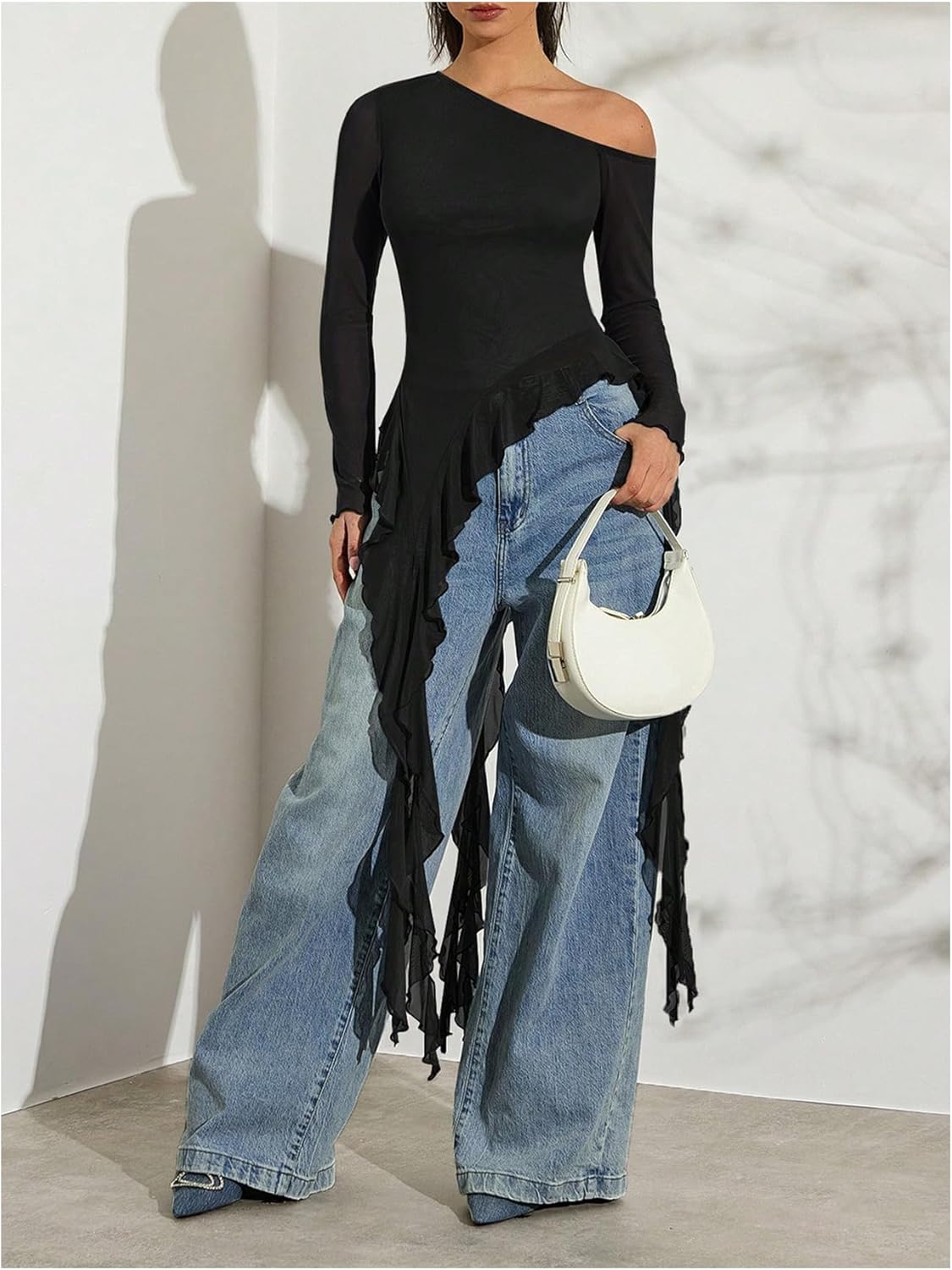 GORGLITTER Women's Long Sleeve Off The Shoulder Tops Asymmetrical Ruffle Going Out Fitted Jellyfish Top - Image 5