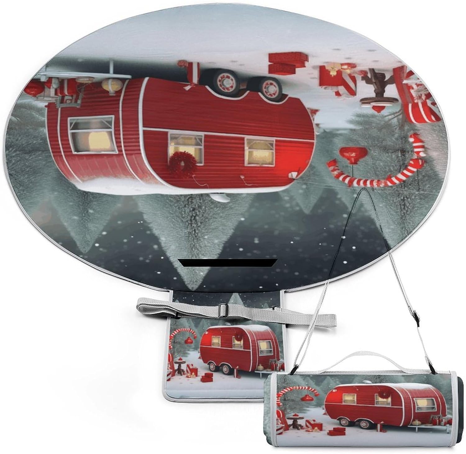 Christmas Red Camper Picnic Blankets, 3 Layer Picnic Mat,Foldable Lightweight Camping Blanket for Camping, Hiking,Beach,Grass