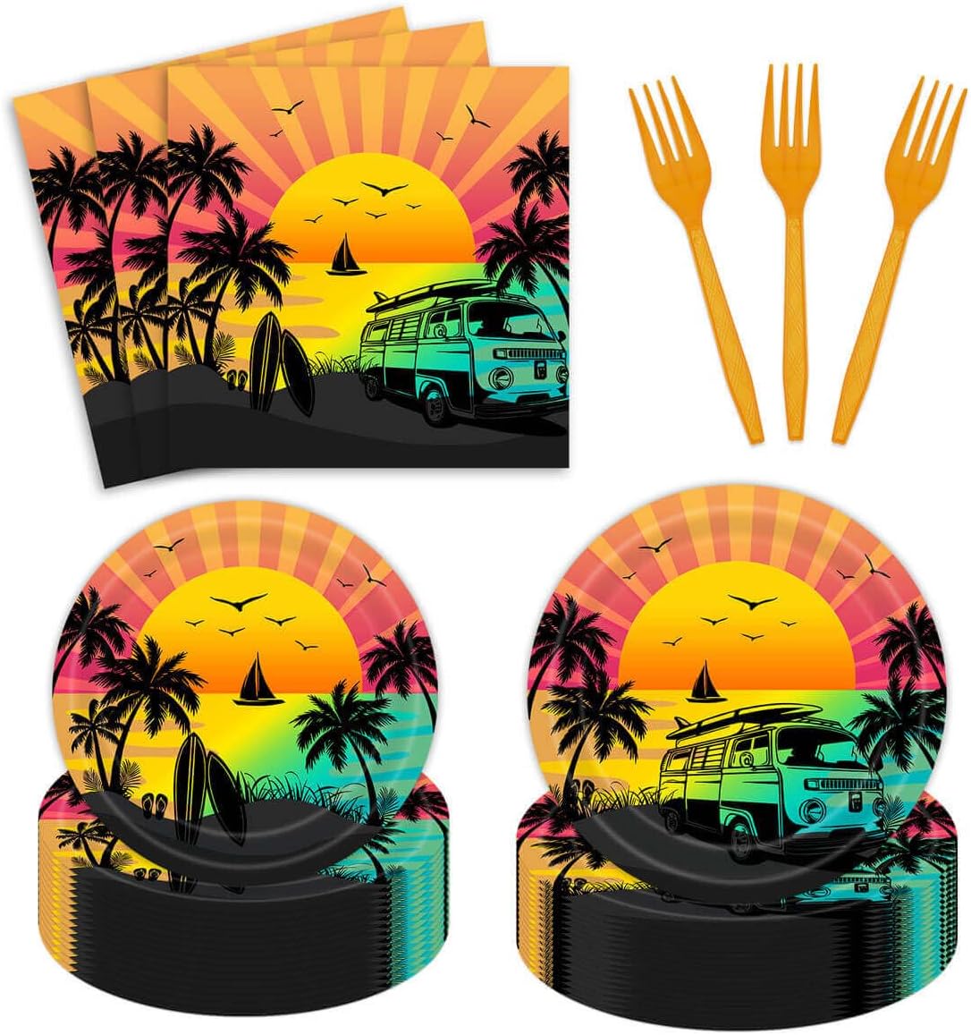 96Pcs Summer Seaside Sunset Plates Napkins Beach Birthday Party Supplies Sunset Sea Tropical Palm Trees Paper Disposable Tableware Set Forks Hawaii Happy Birthday Party Dinnerware Kits Serve 24 Guests