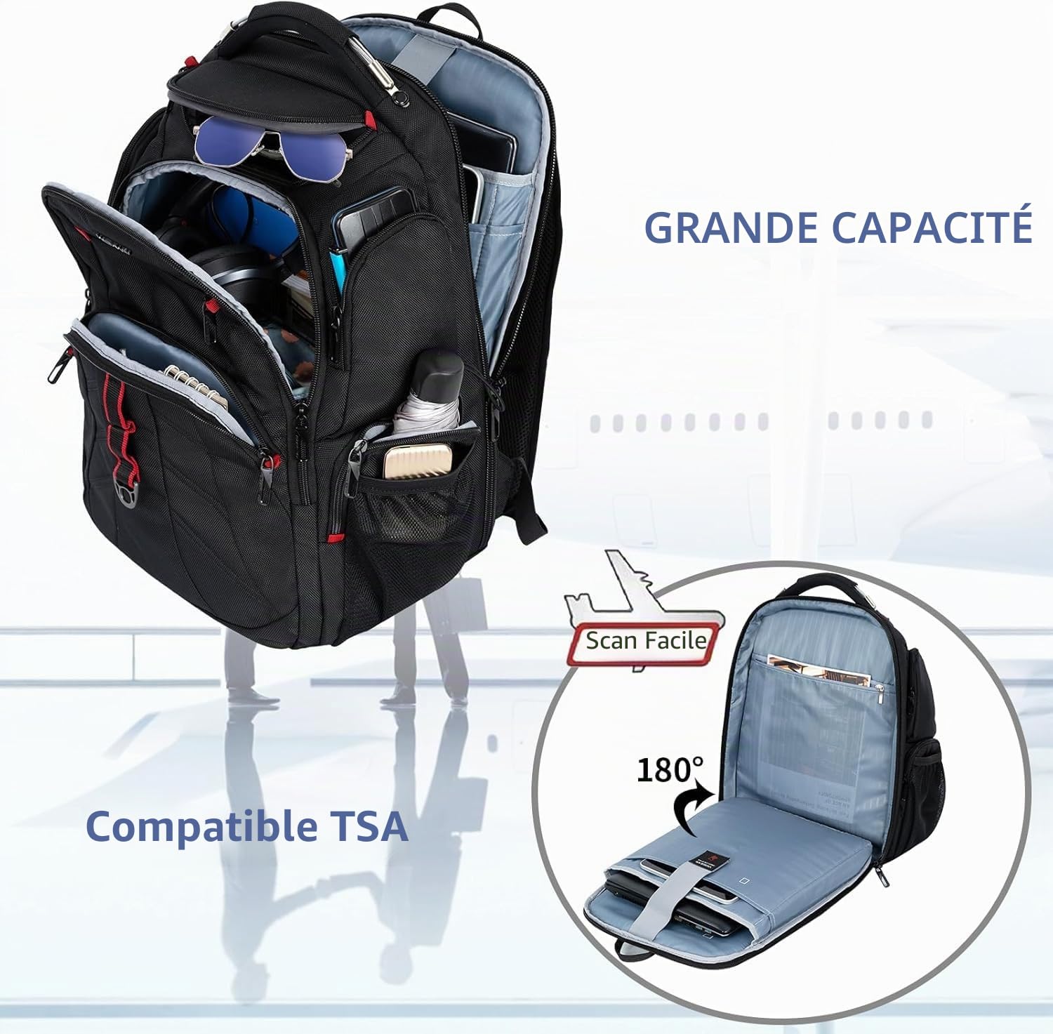 VANKEAN Sac à dos de Voyage pour Ordinateur Portable 17,3" Compatible TSA | résistant à l'eau, antivol XL avec poches RFID, sac à dos universitaire avec port USB pour homme et femme, sac de travail