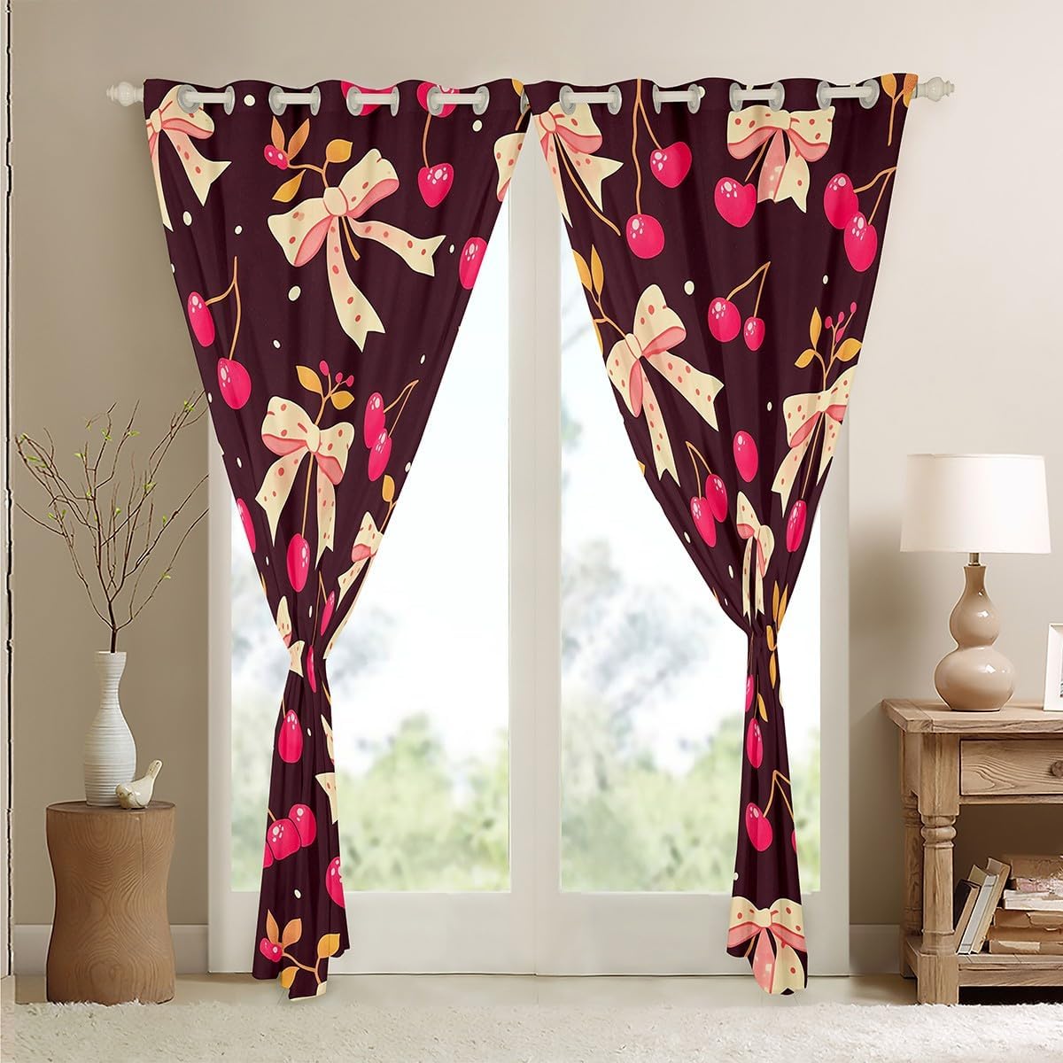 Feelyou Boys Girls Pink Bowknot Darkening Drapes Dreamy Princess Blackout Curtains Cute Cherry Window Curtains Kids Watercolor Bow Window Treatments Bedroom Decor (2 Panels, 52 x 90 Inch)