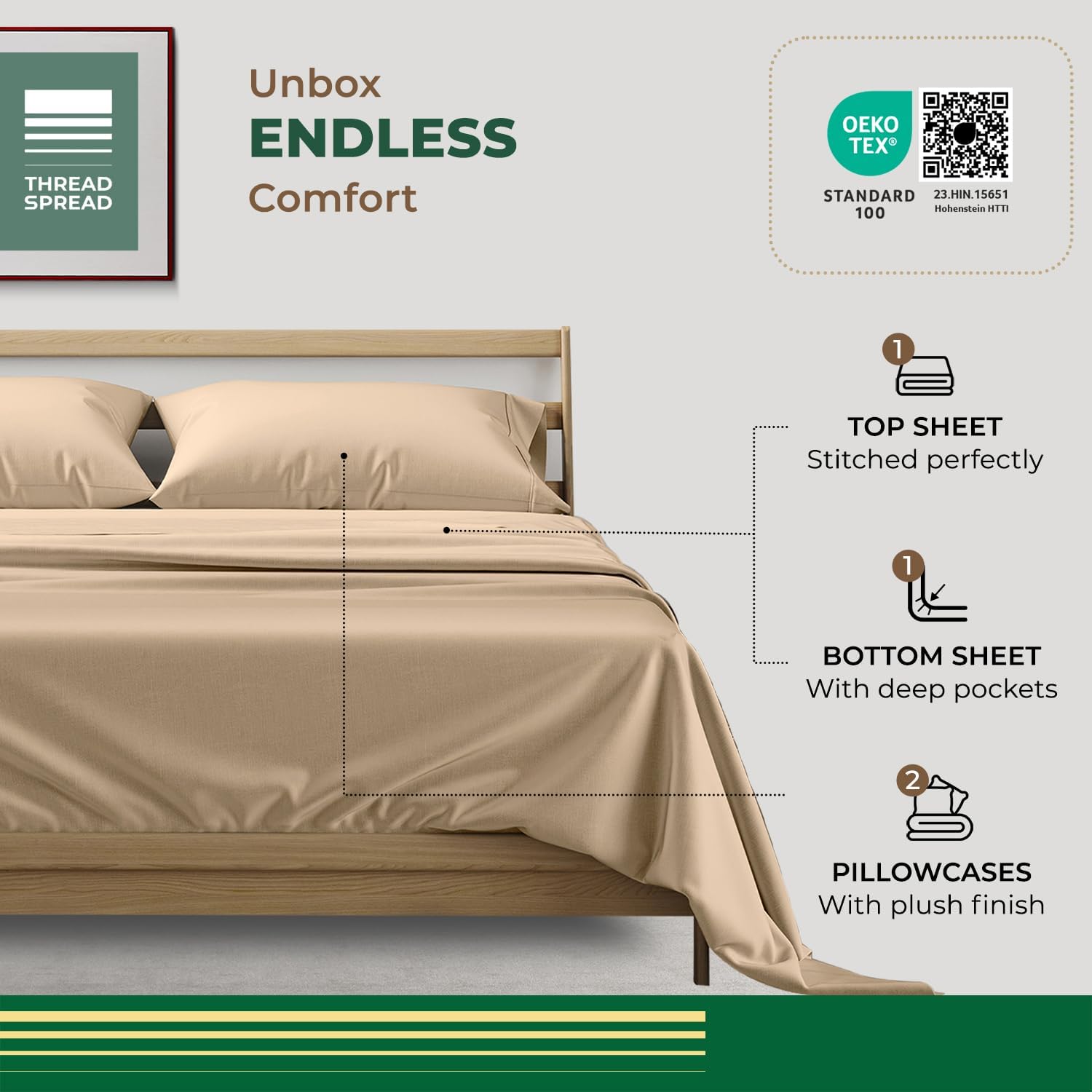 THREAD SPREAD 100% Organic Cotton Sheets Queen Size - 4 PC Organic Cotton Queen Size Percale Weave Sheet Set, Soft, Cooling, Crisp & Breathable, 16" Deep Pocket Hotel Quality Bedding Set - Taupe - Image 3