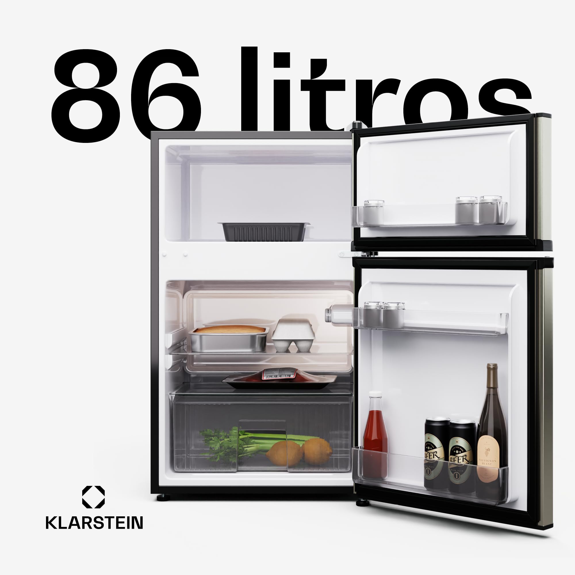 KLARSTEIN Big Daddy Cool – Combinación Nevera-Congelador, Neveras silenciosas de 86L de capacidad, Eficiencia energética clase E, Frigorífico de 61L, Congelador de 25L