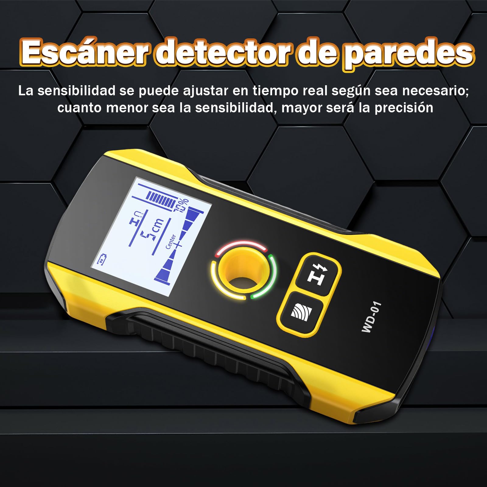 WD-01 Detector Cables y Tuberias,Escáner de Paredes,3 en 1 Metal/Cables de CA/Madera Detector de tuberias de Agua,Chip antiinterferencias HPC,Pantalla LCD VA de segmentos Negativos,Apagado Automático