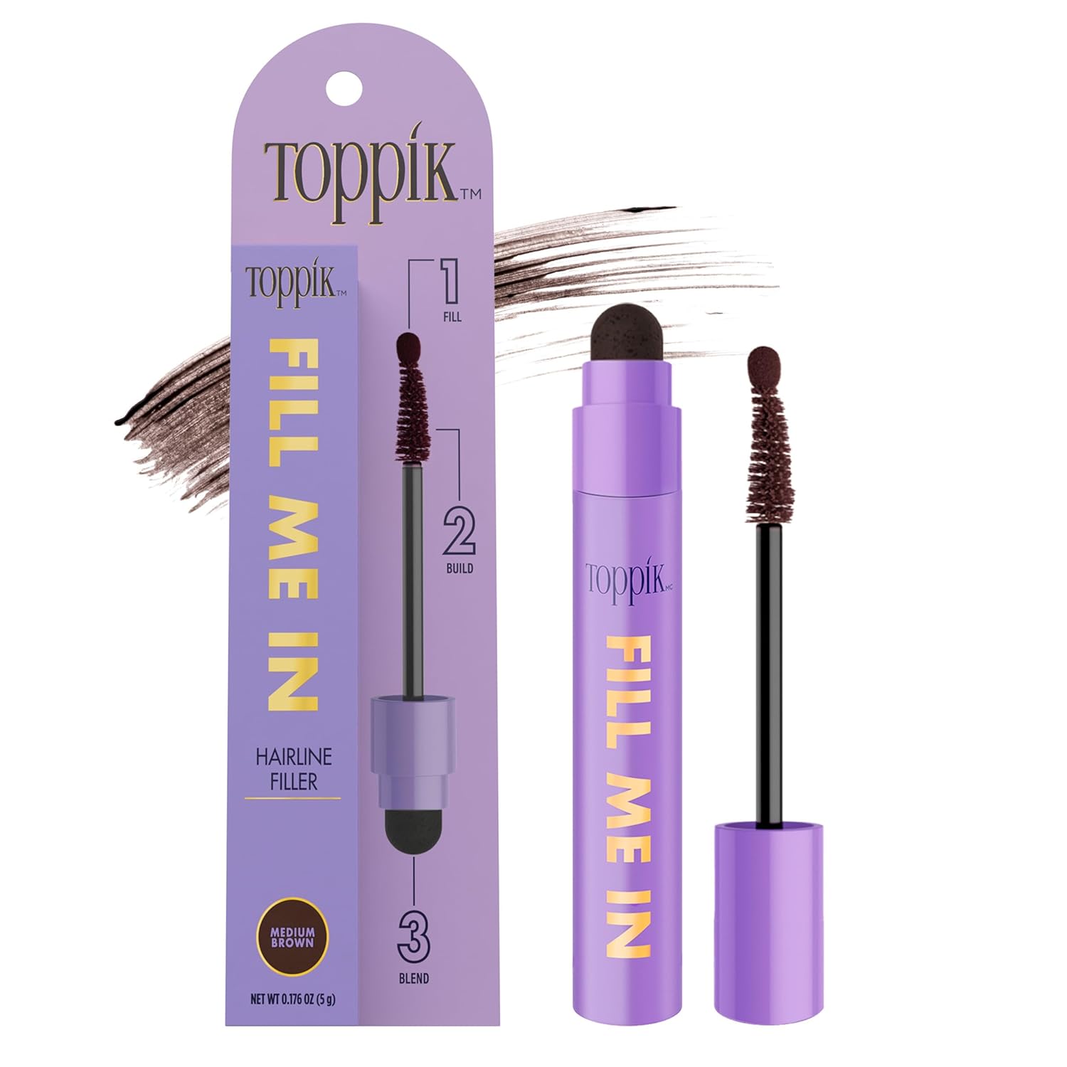 Toppik Fill Me In Hairline Filler, Hair Color Root Touchup, Hair Fibers Wand, Fills In Thinning Hairline, Hair Styling Product, 0.176 oz (5 g) Medium Brow