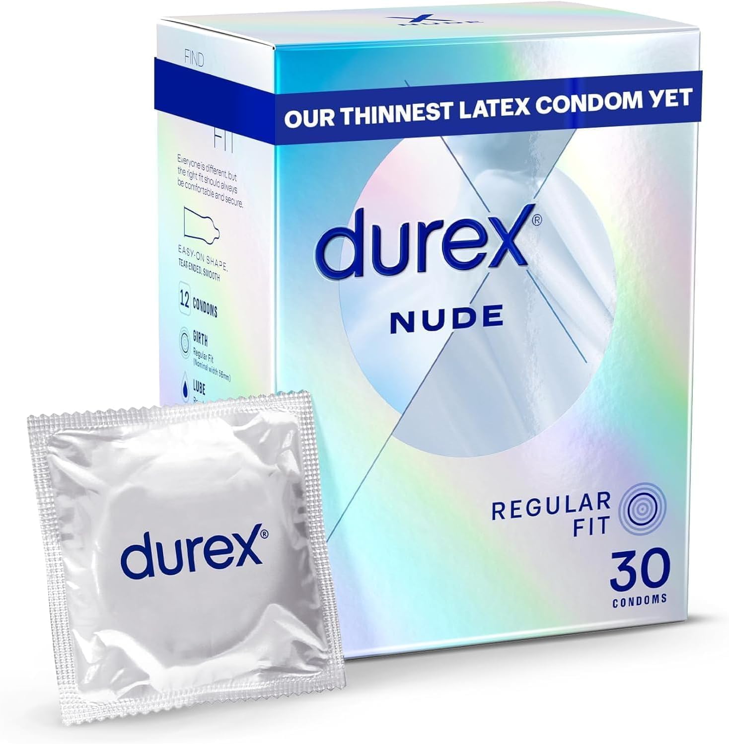 Nude, Ultra Thin, 30 Condoms, Regular Fit, with Silicone Lube, Easy on Shape, Teat Ended, Our Thinnest Latex Condom Yet, Transparent Natural Latex Condoms, Trusted Durex Protection