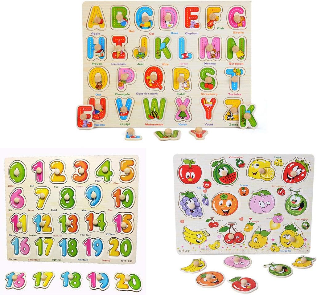 HOMNIVE Wooden Puzzles - Numbers, Letters and Fruit Educational Toys - Wooden Peg Puzzle for 1 2 3 +Year Old for Toddlers Girl Boy (Pack of 3)