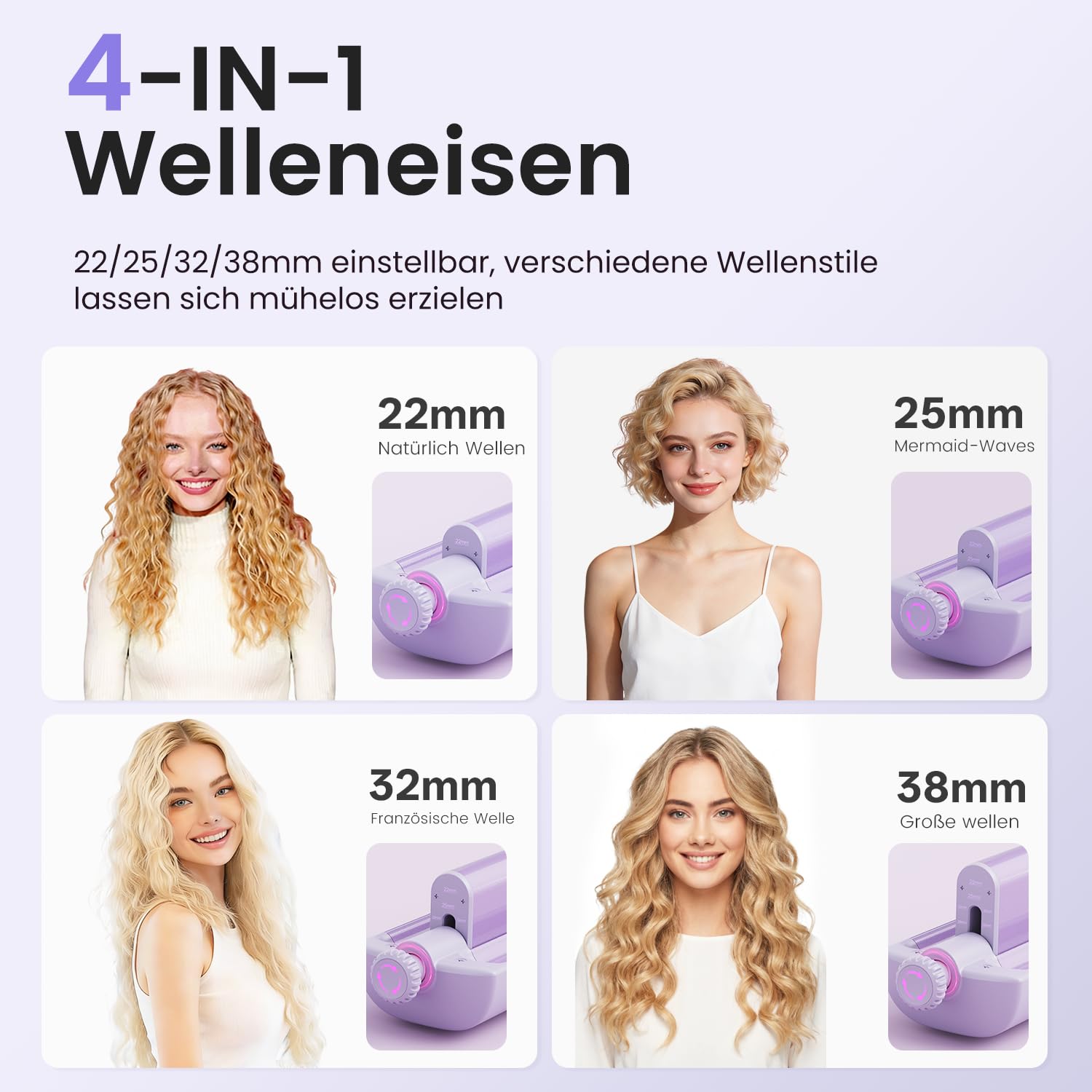 Einstellbar Welleneisen für Haare 4 In 1 Beach Waves Lockenstab 22-38mm 3 Fässer 140-210°C Lila