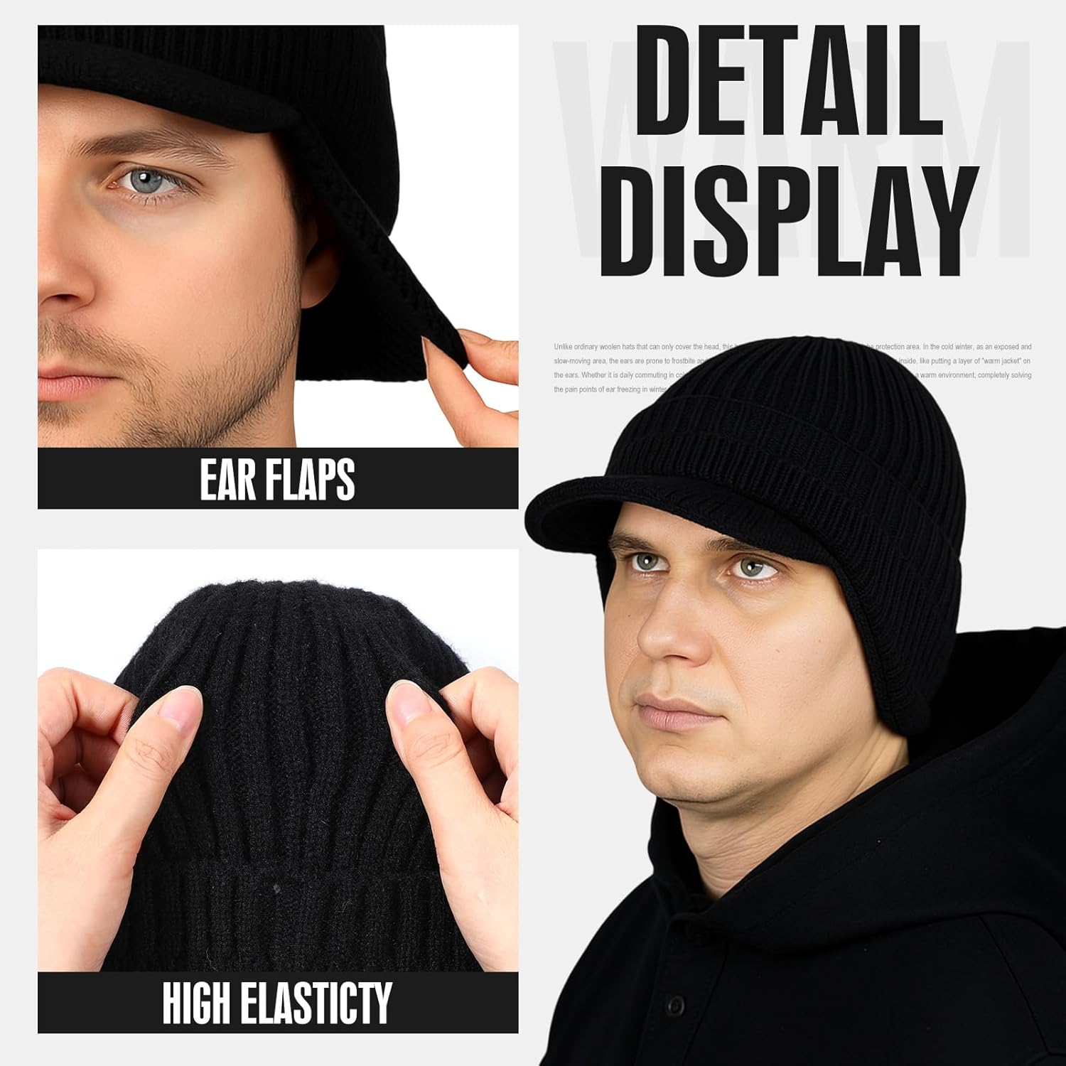 2 Pcs Winter Hats with Brim and Ear Flap Fleece Winter Beanie Hat Outdoor Warm Lined Knit Hat for Men Women - Image 5