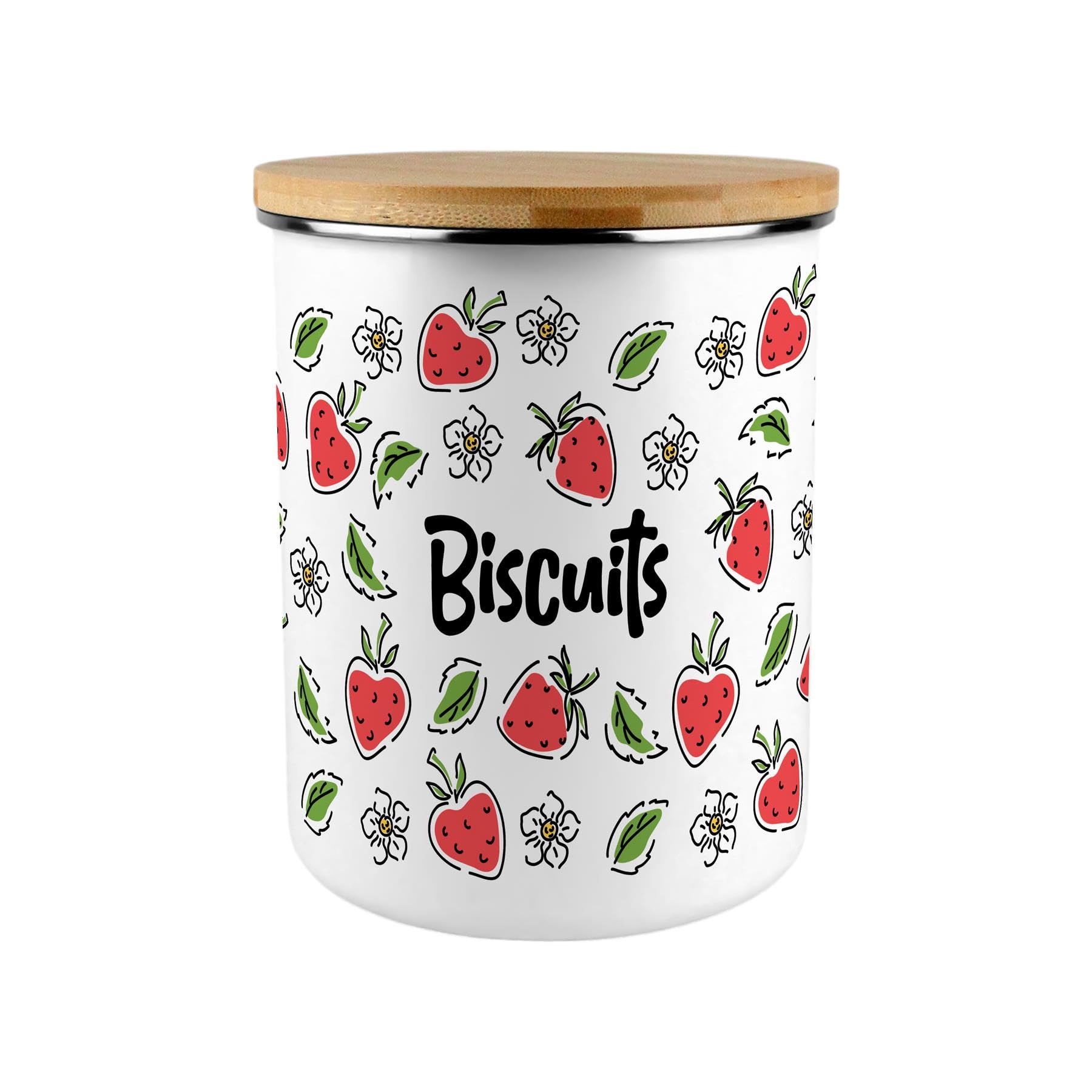 Strawberry Flowers Biscuit Storage Canister - Pretty 2.7L Extra-Large Enamel Home & Kitchen Organisation Container