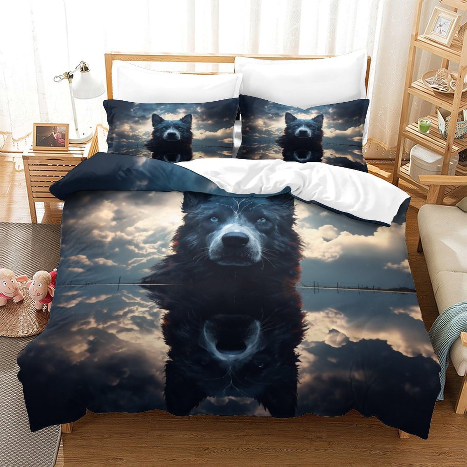 P1S9U7W5Y 3D Printed Wolf Design 3 Piece Duvet Cover Set Microfiber Bedroom Decor Wolf Bedding Set for Adults Soft Breathable King（220x240cm）