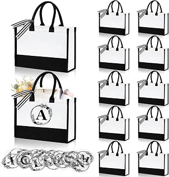 12 Pack Canvas Tote Bags with 26PCS A-Z Initial Letters, DIY