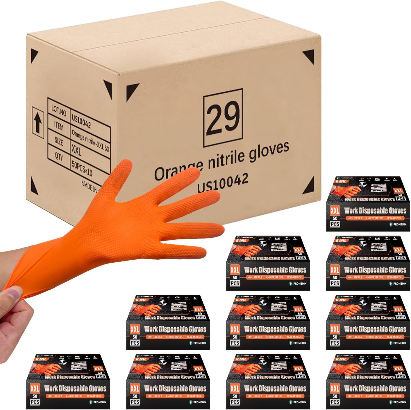 PROMEDIX P Heavy Duty Nitrile Disposable Gloves,8-mil Orange,Raised Diamond Texture Work Gloves，Industrial Work gloves
