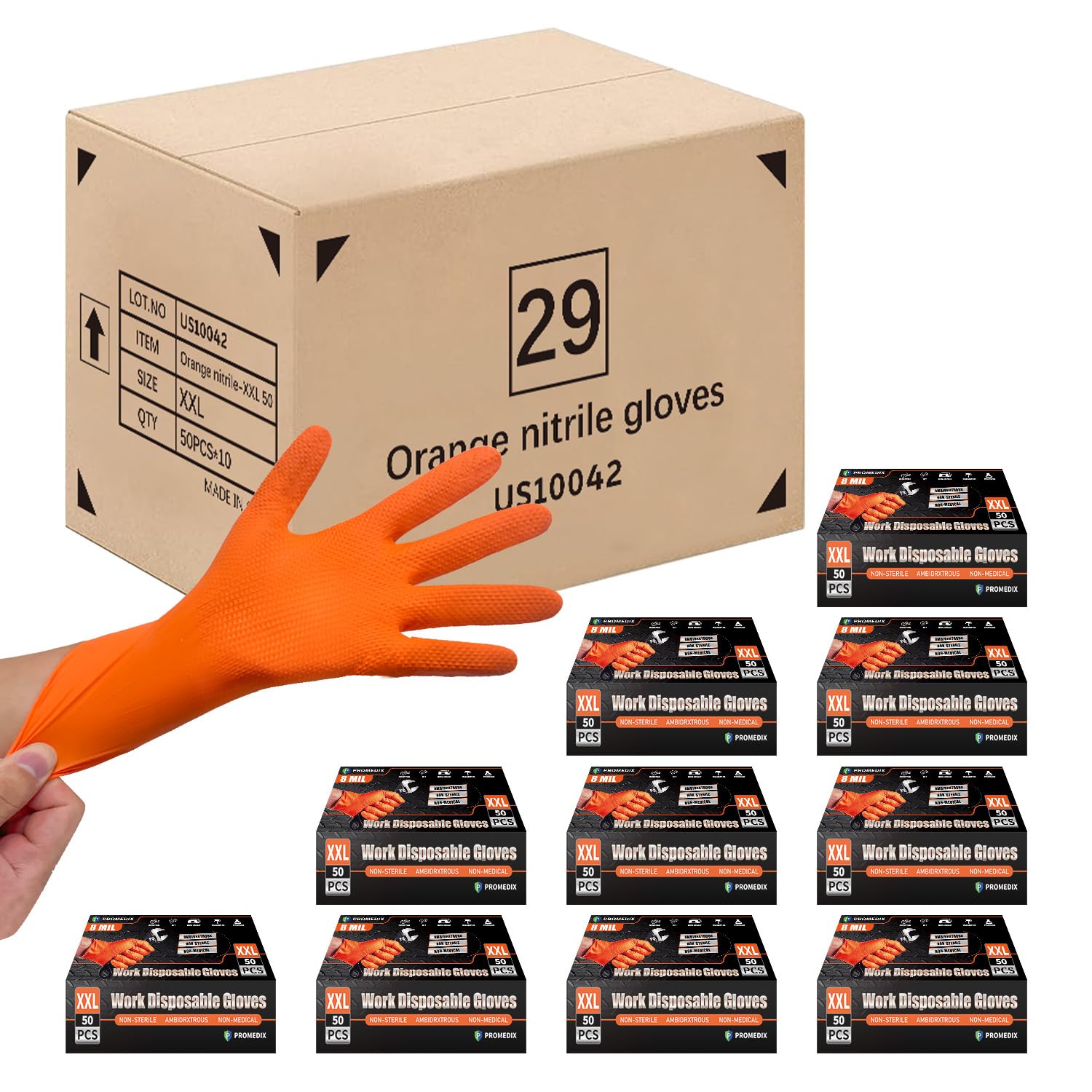 PROMEDIX P Heavy Duty Nitrile Disposable Gloves,8-mil Orange,Raised Diamond Texture Work Gloves，Industrial Work gloves