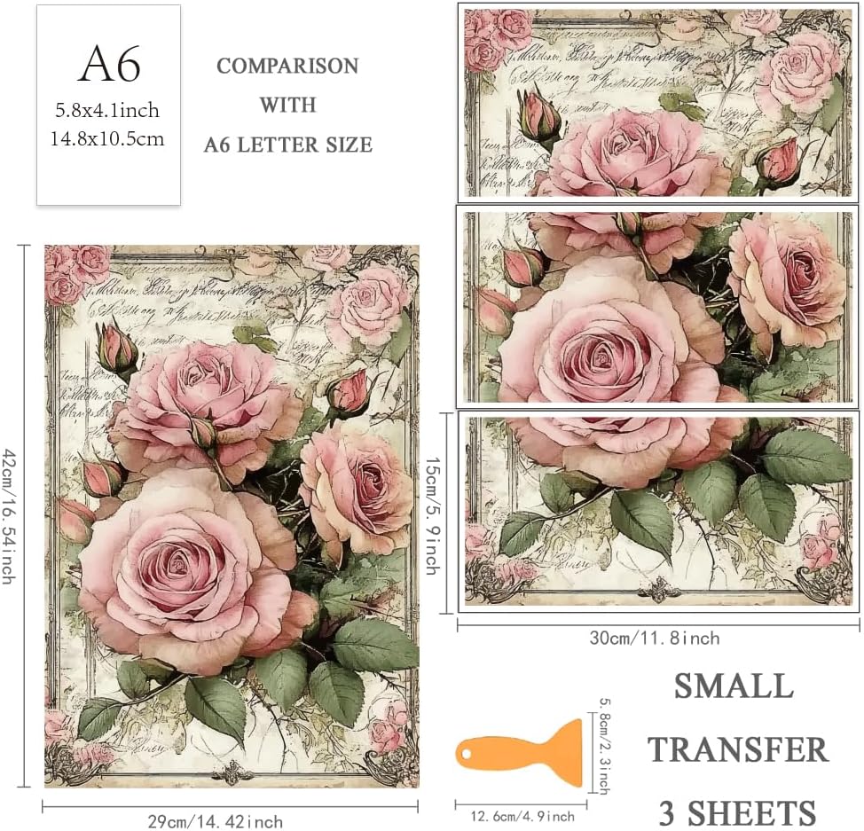 OLYCRAFT 3pcs/set Vintage Roses Rub on Transfers for Furniture and Craft 12x6 Inch Pink Roses Furniture Decals Flower Transfer Stickers Rub on Decal with 1pc Scraper for Wood Furniture Home Decoration