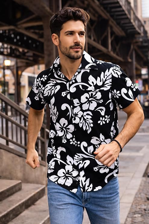 King Kameha Herren Hawaiihemd Kurzarm – Sommer Aloha Shirt mit Hibiskus-Print leicht und pflegeleicht