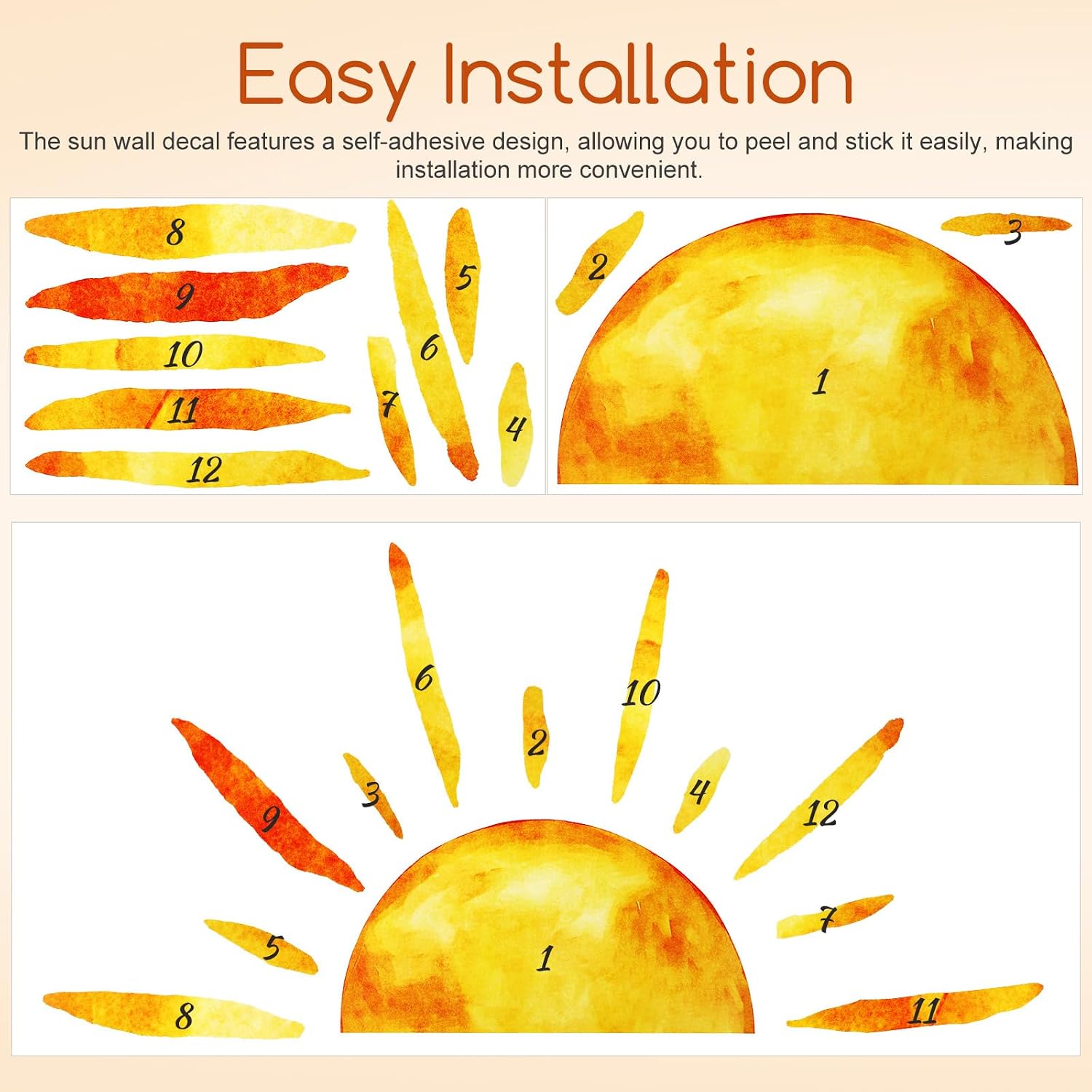 OSALADI Sun Wall Decal Peel and Stick Wall Decals Boho Sunshine Classroom Decor Sun Wall Sticker for Playroom Bedroom 49.1”X 24.37”