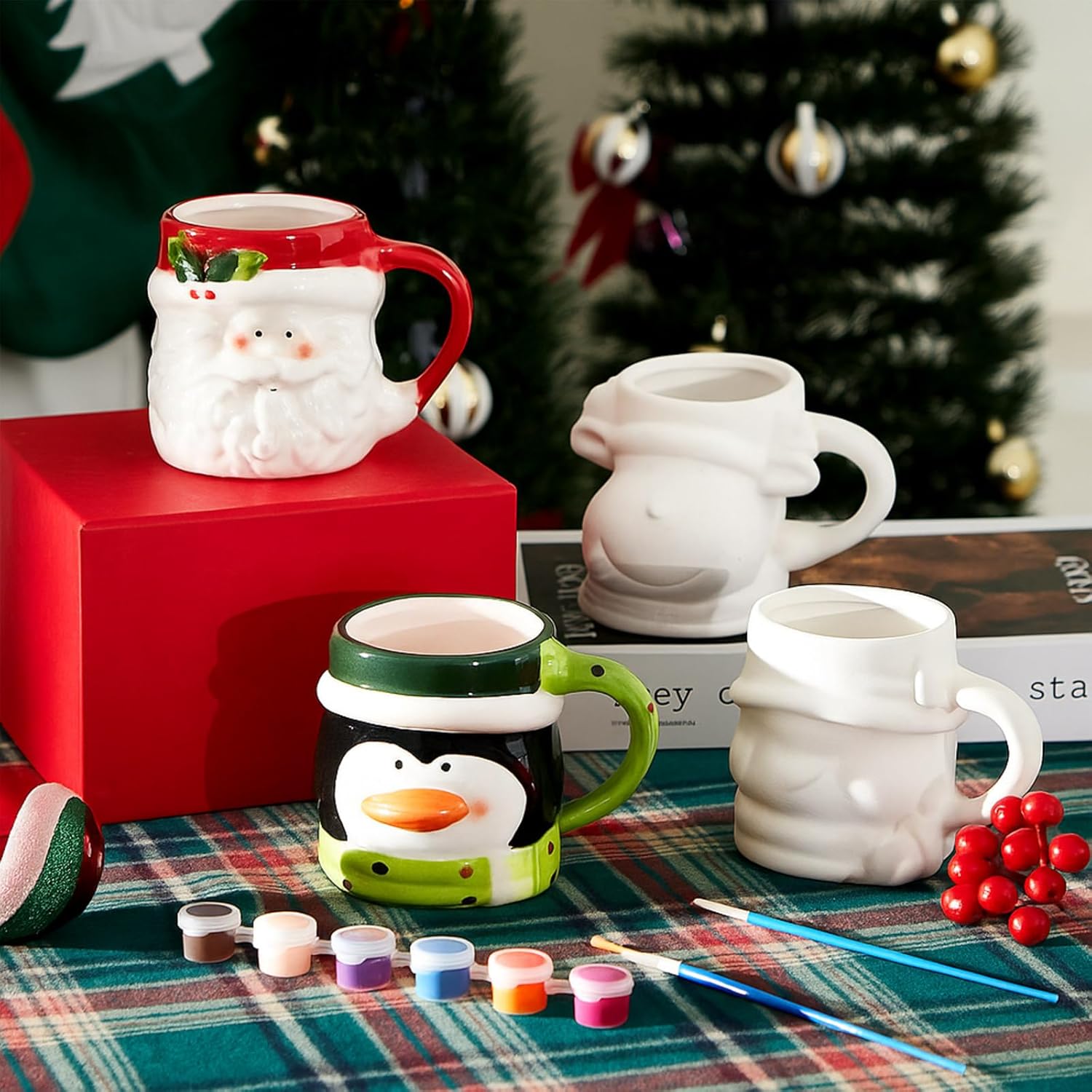 LOYIM Set of 4 Christmas Ceramic to Paint Color Your Own Mugs Christmas Craft for Adult Santa Snowman Elk Penguin DIY Mug Painting Kit with Paints, Brushes, Palette for Xmas Activity Art Decoration - Image 6