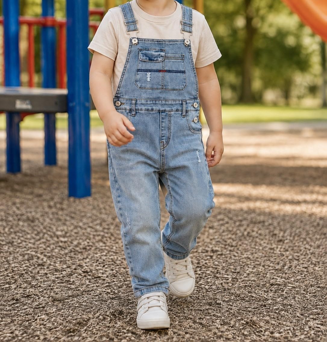 KIDSCOOL Boys Slim Denim Overalls Ripped Bib Pocket Adjustable Strap image 2