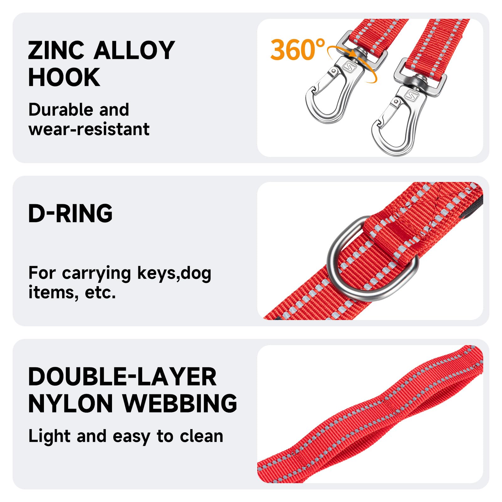 EXCELLENT ELITE SPANKER Laisse double réfléchissante en nylon avec poignée rembourrée pour deux chiens - Rouge
