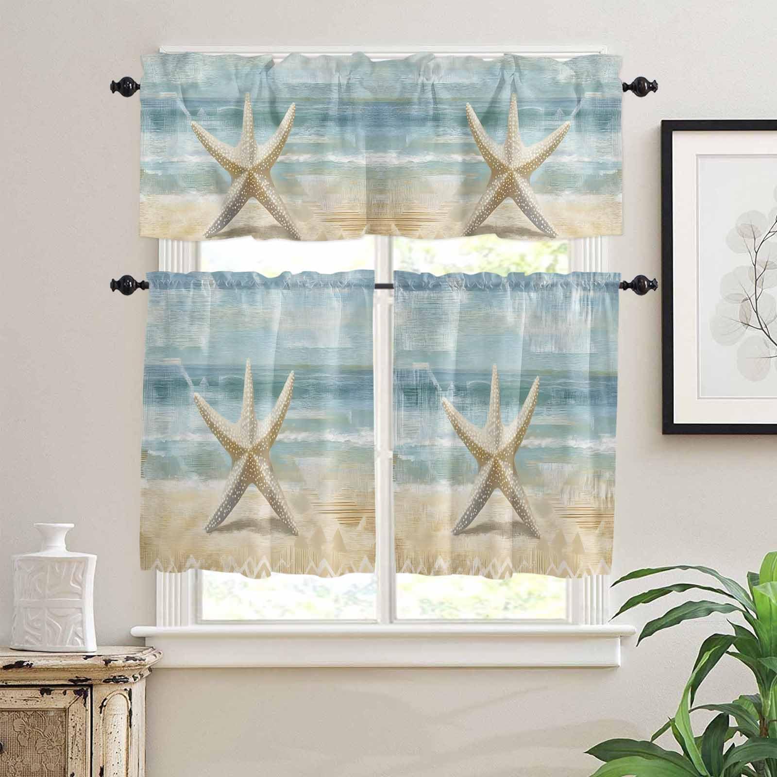Boho Coastal Beach Kitchen Curtains 24 Inch Length, 3 Piece Rod Pocket Small Half Tiers and Valance Set, Vintage Ocean Wave Starfish Small Large Window Treatment Decor for Bedroom/Bathroom Sink