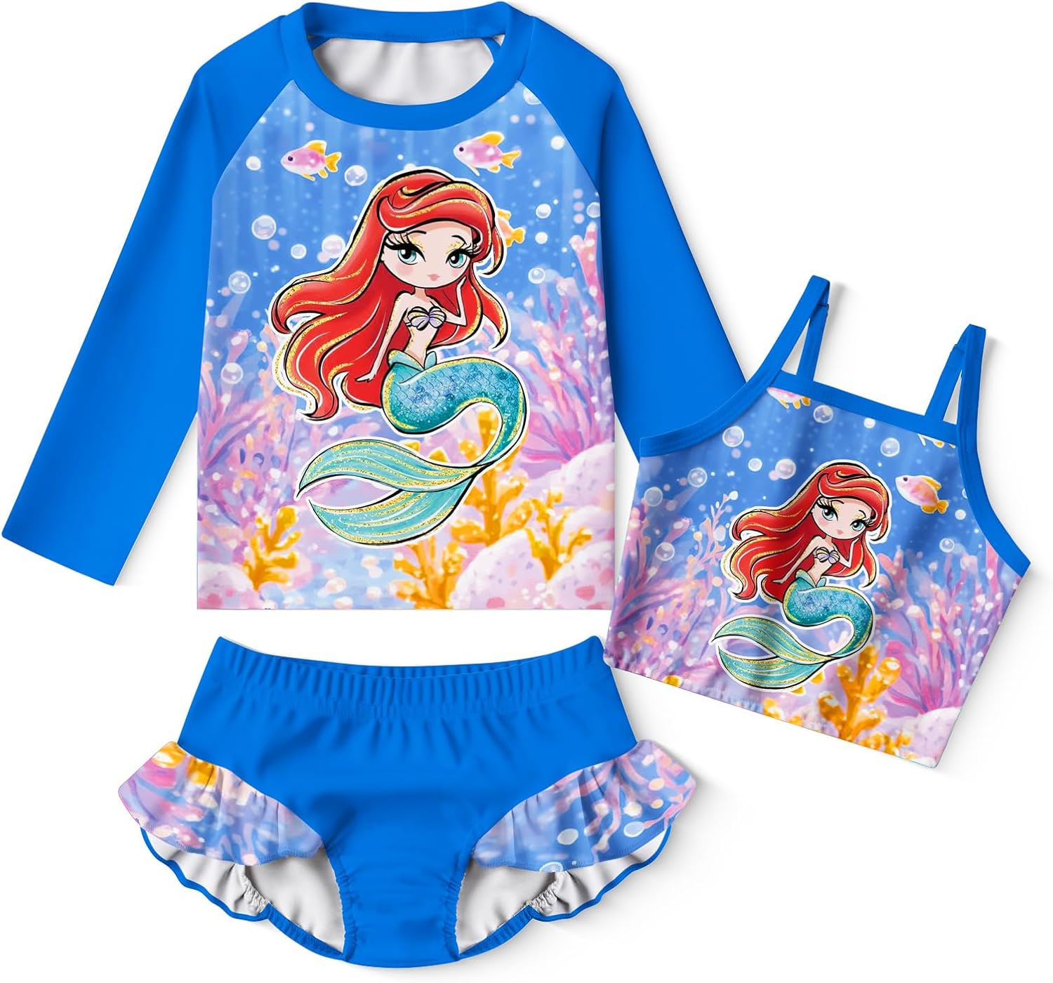 LQSZ Girls Rash Guard Sets Long Sleeves Swimsuit 3 Pieces Tankini Bathing Suit Swimwear for Girls 3-12 Years
