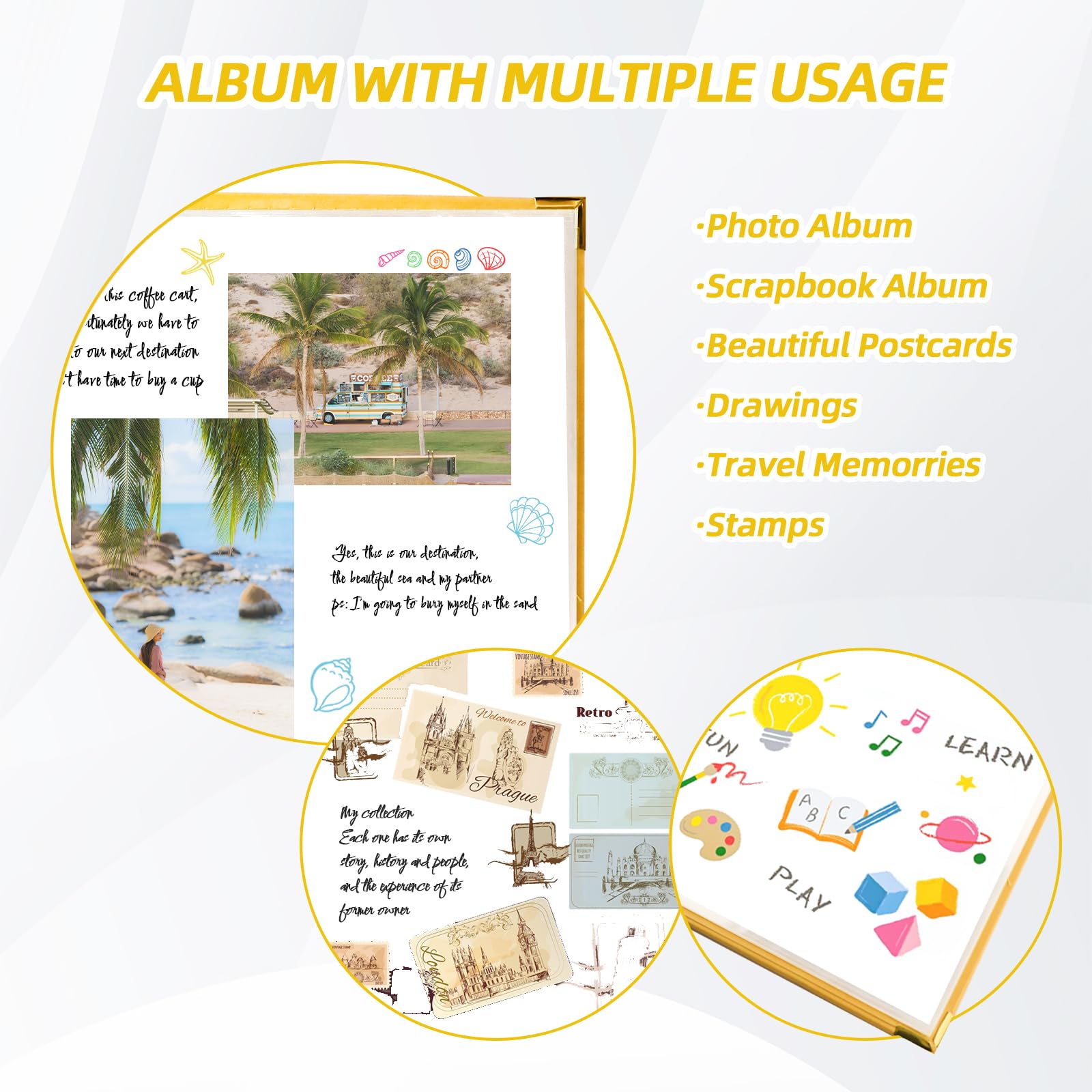 Álbum de fotos de 12 x 12 pulgadas, carpeta de 3 anillas, cubierta de piel, álbum de recortes de 12 x 12 pulgadas, anillo en D con 10 fundas de plástico, color amarillo