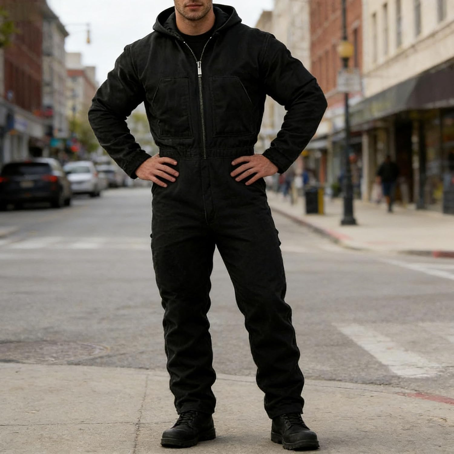 YOLAI Mens Insulated Coveralls - Work Overalls with Hood Mechanic Jumpsuit Heavy-Duty Protective Outfit for Construction