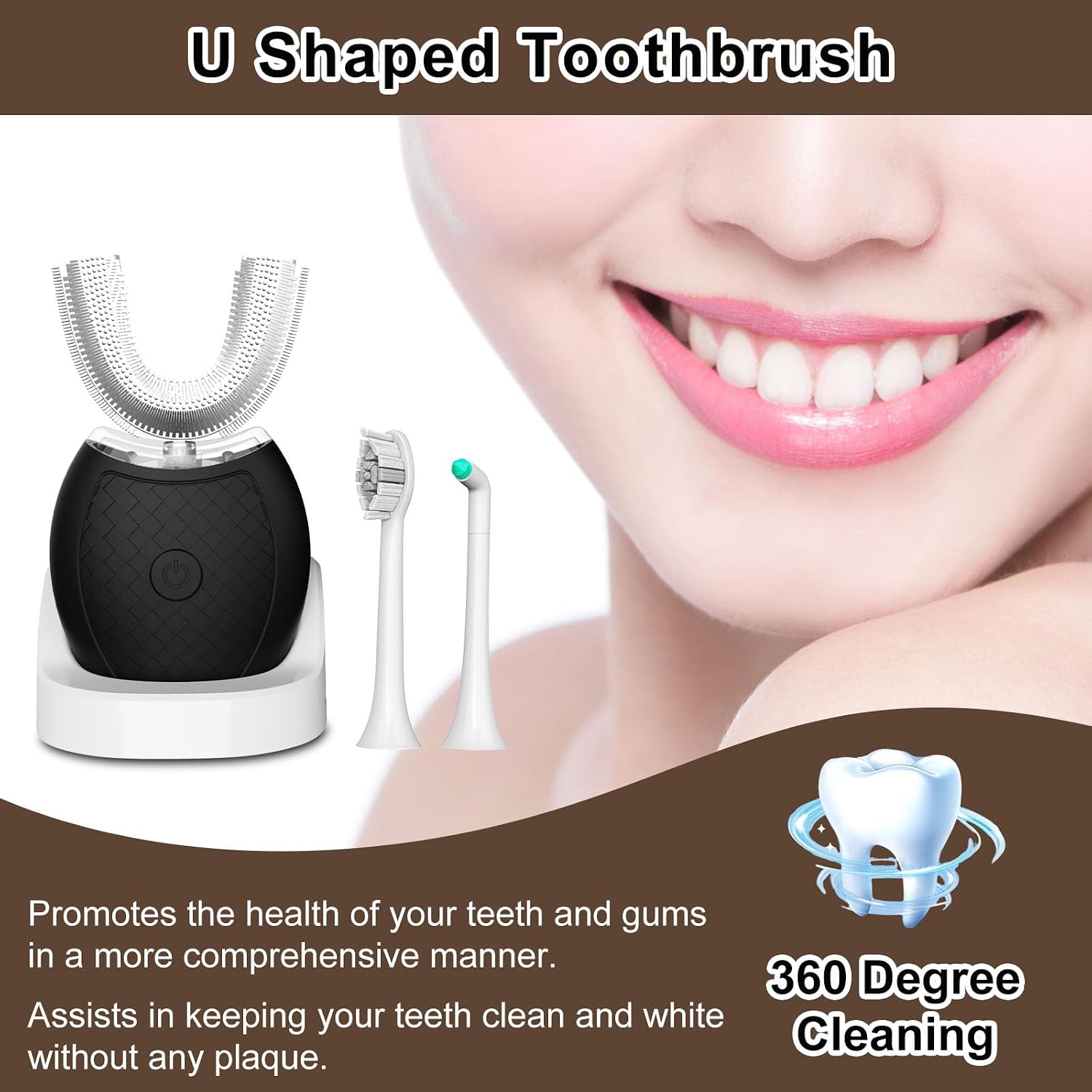 Ultrasonic U-Shaped Toothbrush for Teeth Whitening, Electric Toothbrush for Adults 360-degree Cleaning,3 Brush Heads, Wireless Charging and IPX7 Waterproof Kit for Travel or Home(Black)