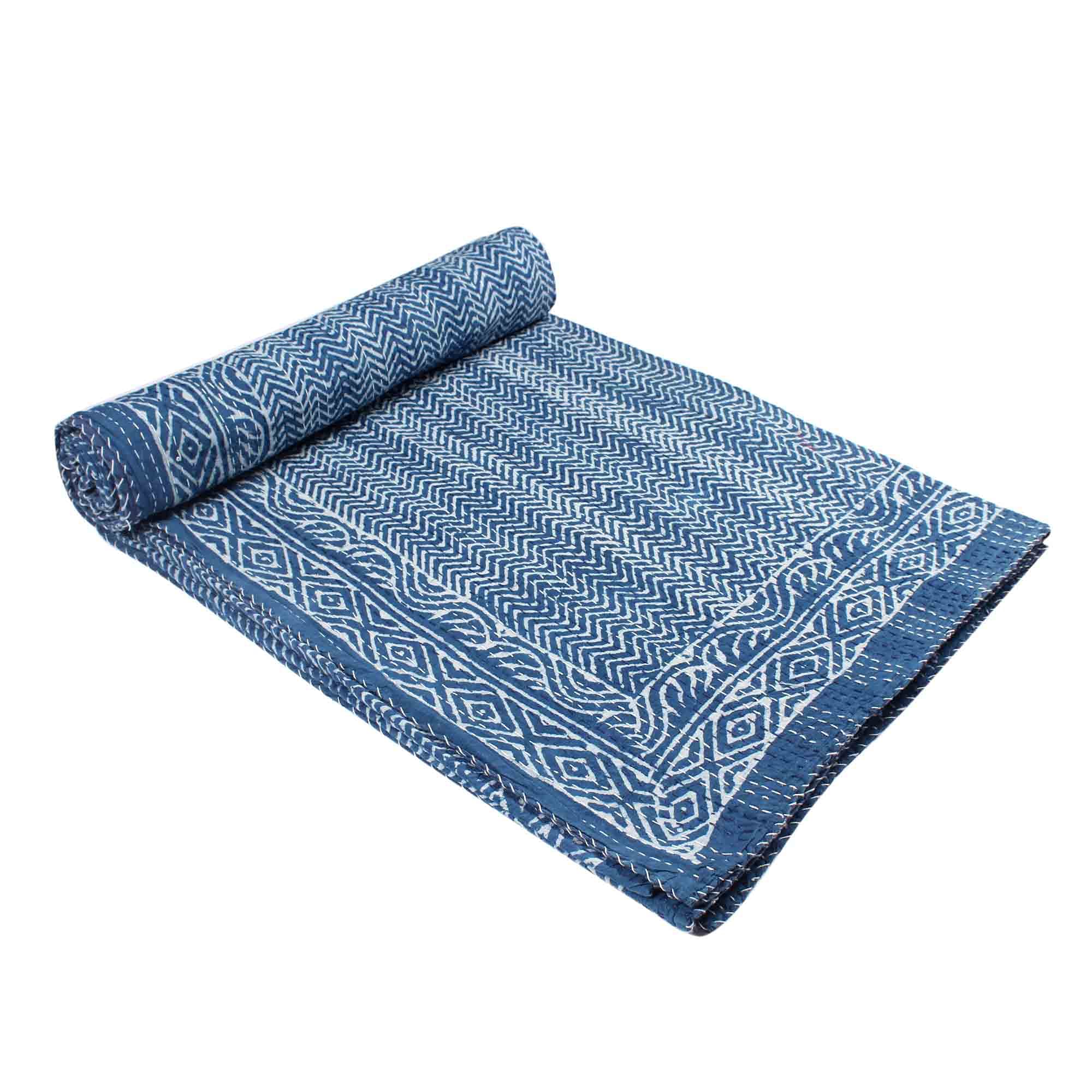 Indian floral quilt Kantha en impression indigo et couvre-lit fait main