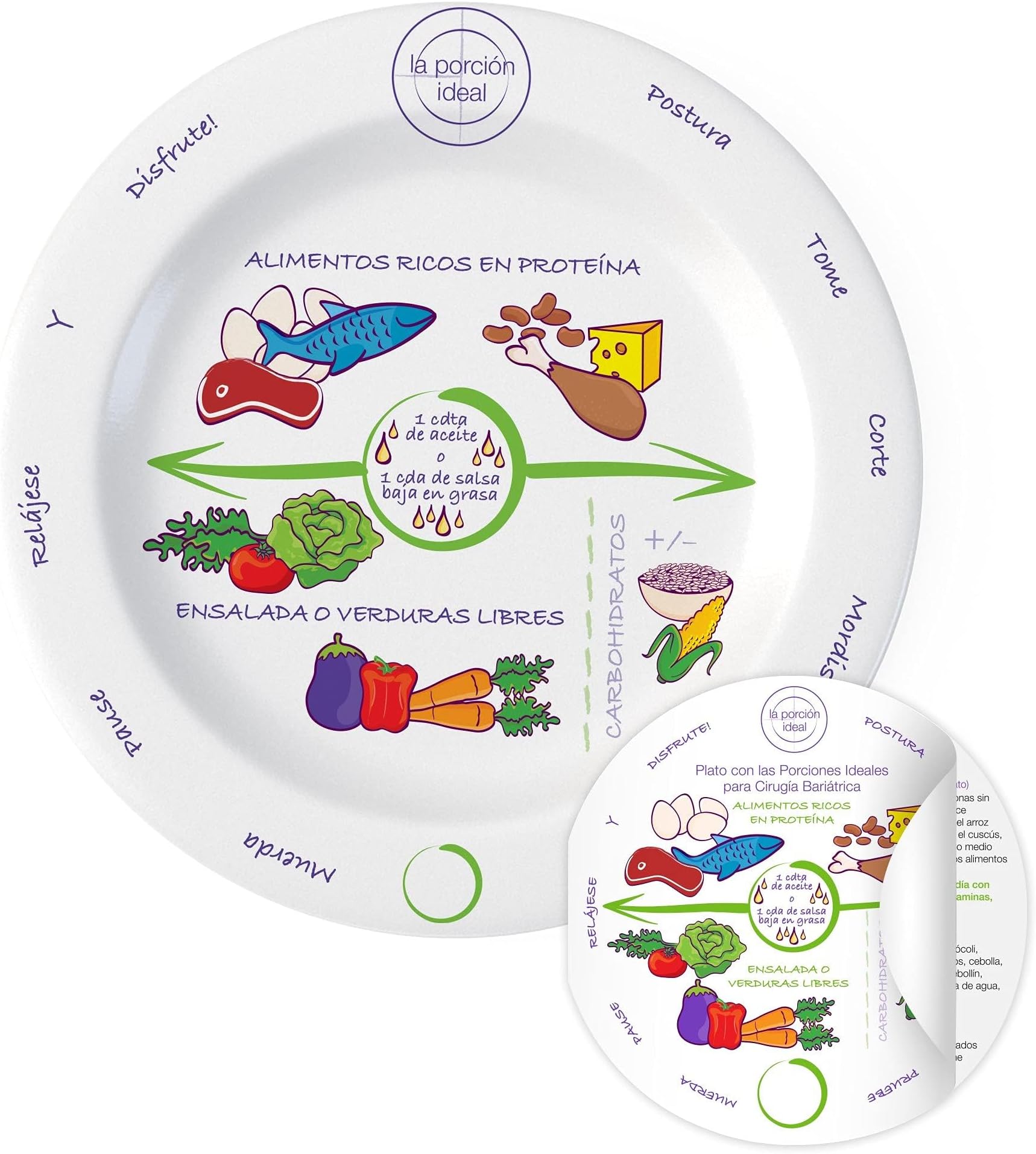 Spanish Bariatric Portion Control Plate 8” in MELAMINE for Bariatric Surgery, Measured Eating and Weightcontrol Diet Plate Post Gastric Sleeve or RnY Gastric-Bypass Operations, Bariatric must-haves