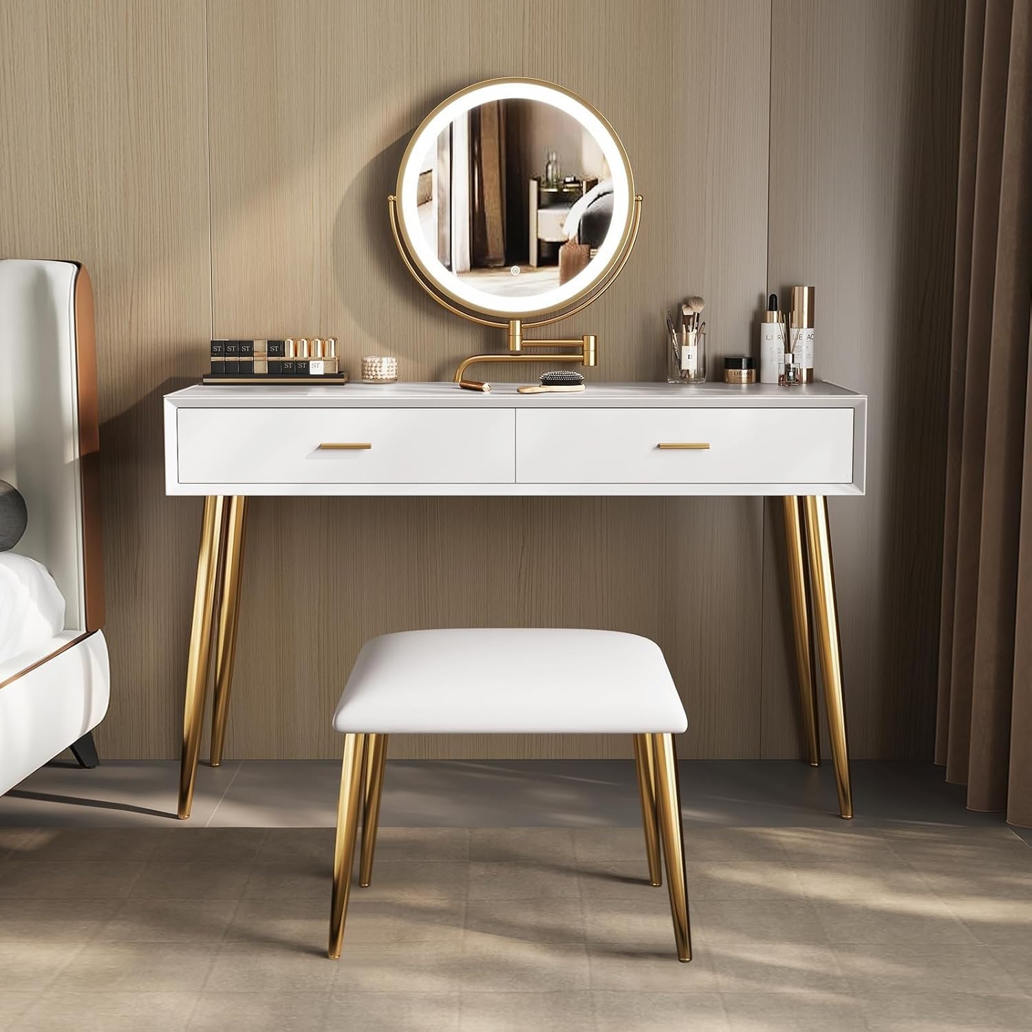 Tocador de maquillaje blanco con espejo y luces mesa de 31.5 pulgadas y taburete de cuero