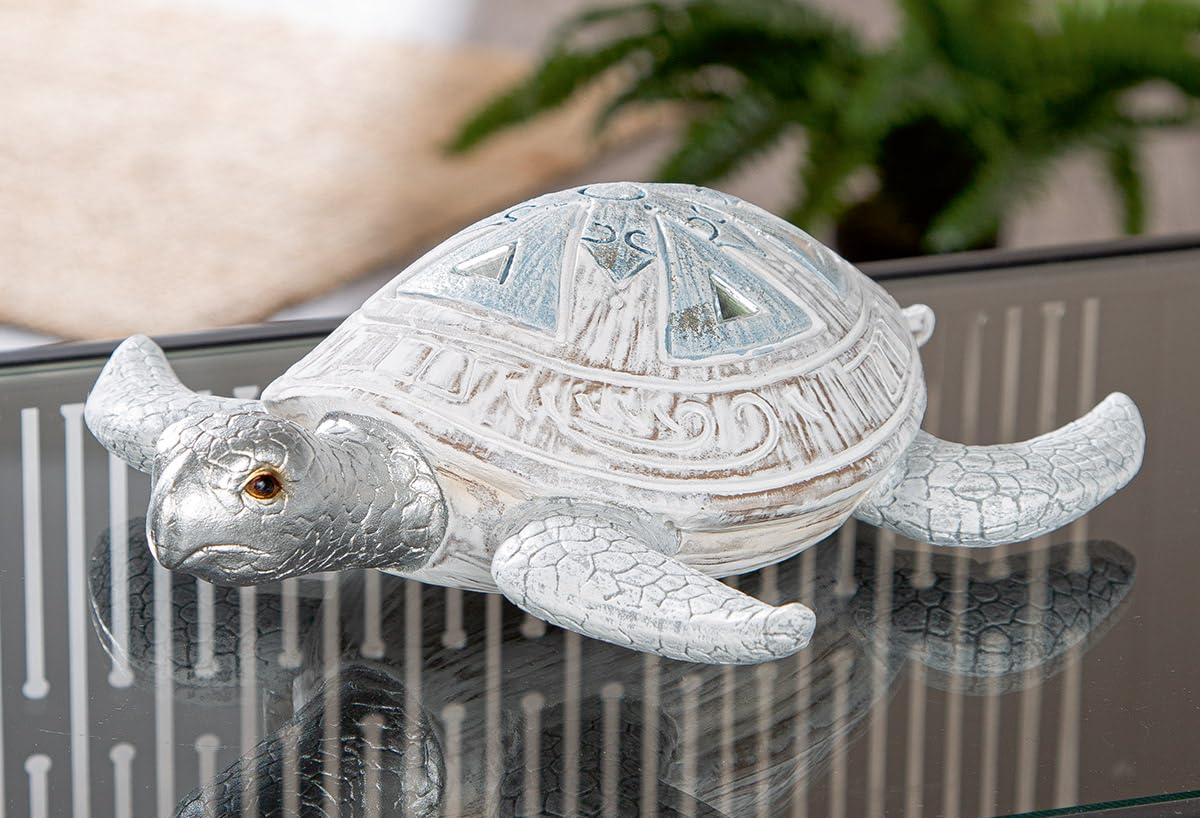 Idée cadeau figurine tortue décorative en résine blanche et bleue pour maison