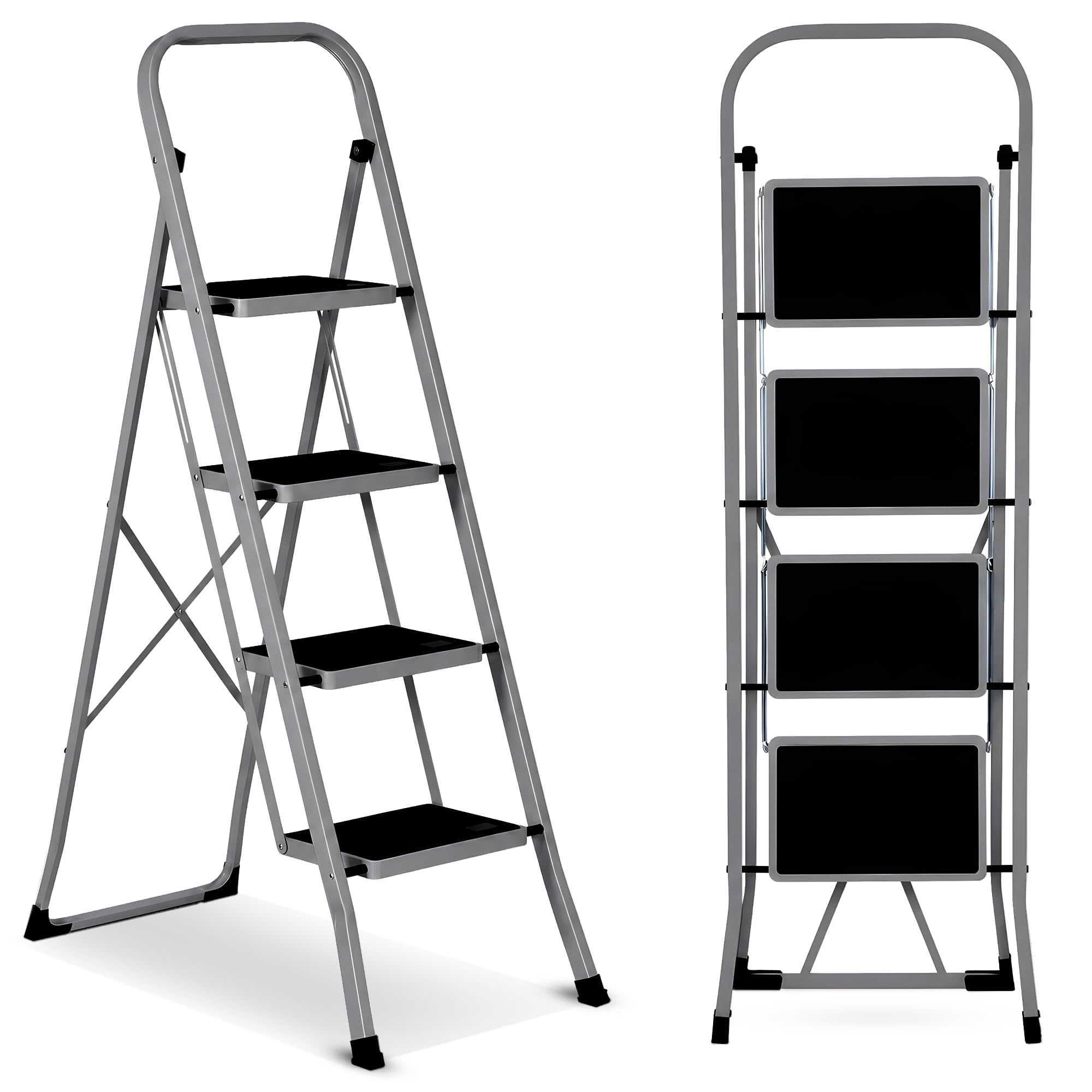 SG Traders 4 Step Ladder Folding Heavy Duty Steel Ladder Reach New Heights With Safe Durable Anti Slip Wide Tread Portable Mat Step Ladders Reliable Elevation Solution For Indoor Outdoor Stool (Grey)