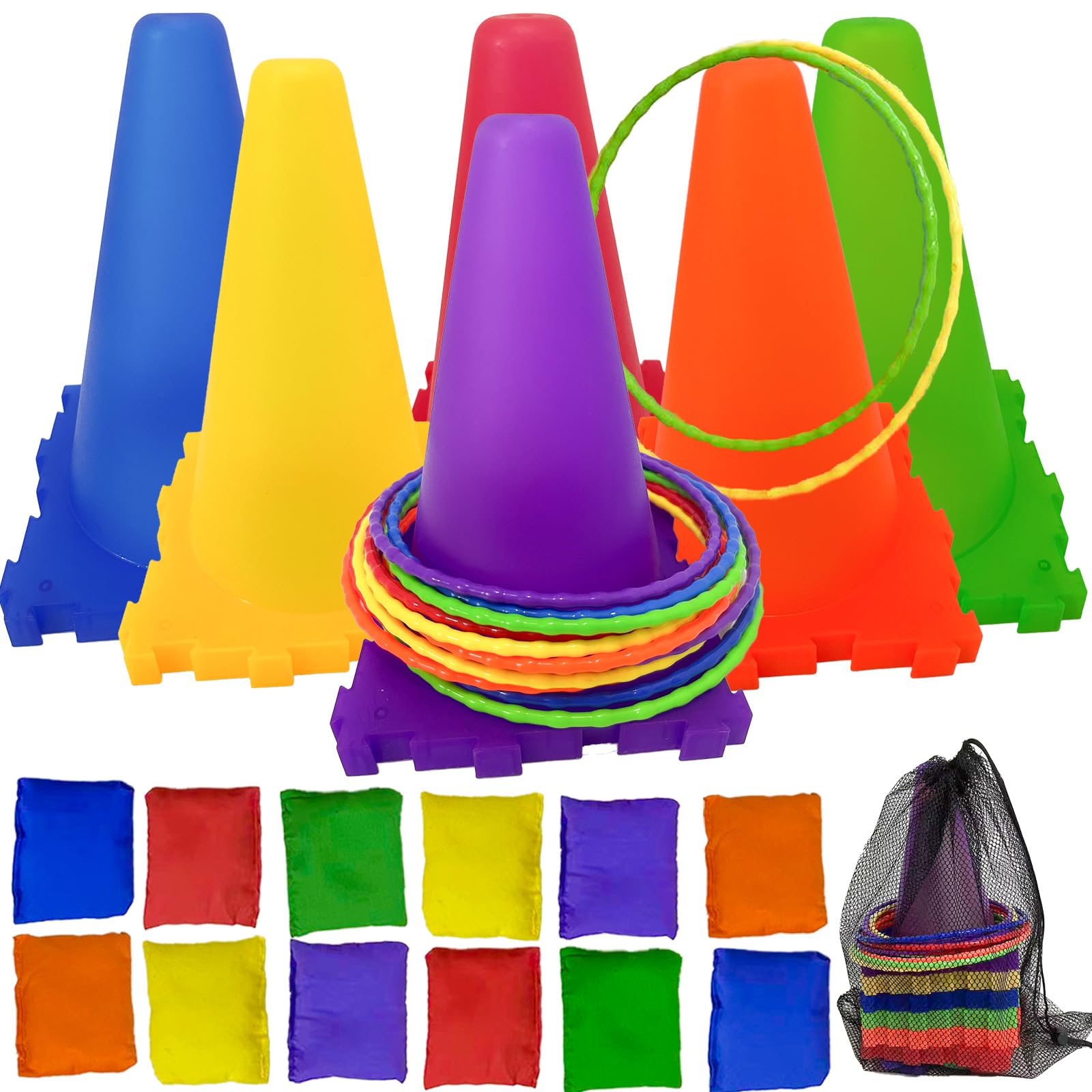 Outdoor Toys for Kids Ages 4-8 Cones Bead Bags Tossing Rings Games Ring Toss Party Carnival Backyard Games for Kids Obstacle Course for Kids Toddler Outdoor Toys for Toddlers 3-5