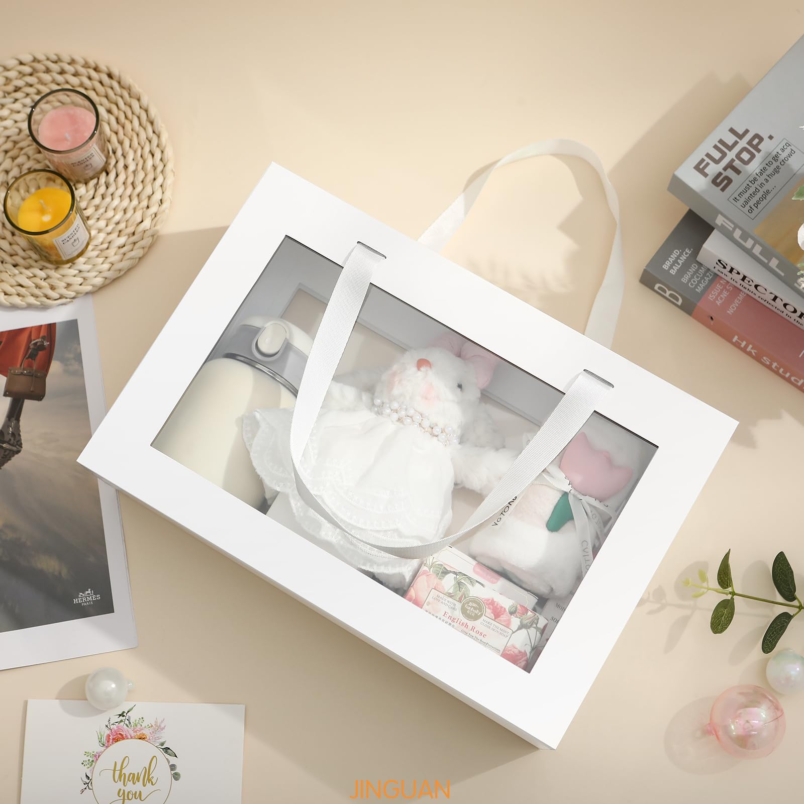JINGUAN Große weiße transparente Geschenkboxen, 34,9 x 22,9 x 10,4 cm, Geschenkboxen mit Fenster von Griffen, für Brautjungfern, faltbare Geschenkbox mit Magnetverschluss (glänzendes Weiß, 5 Stück)