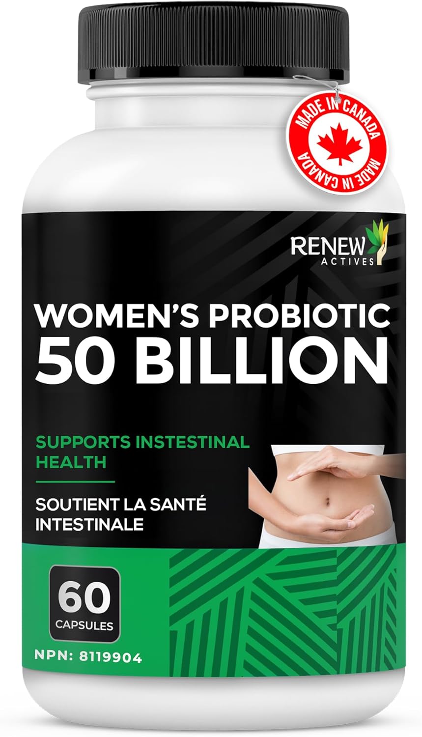 RENEW ACTIVES Probiotics for Women 50 Billion CFU per 2 Capsules – MAKTREK Technology, 4 Probiotic Strains & Prebiotic Blend– Supports Digestion Health & Gut Flora Balance– Made in Canada– 60 Capsules