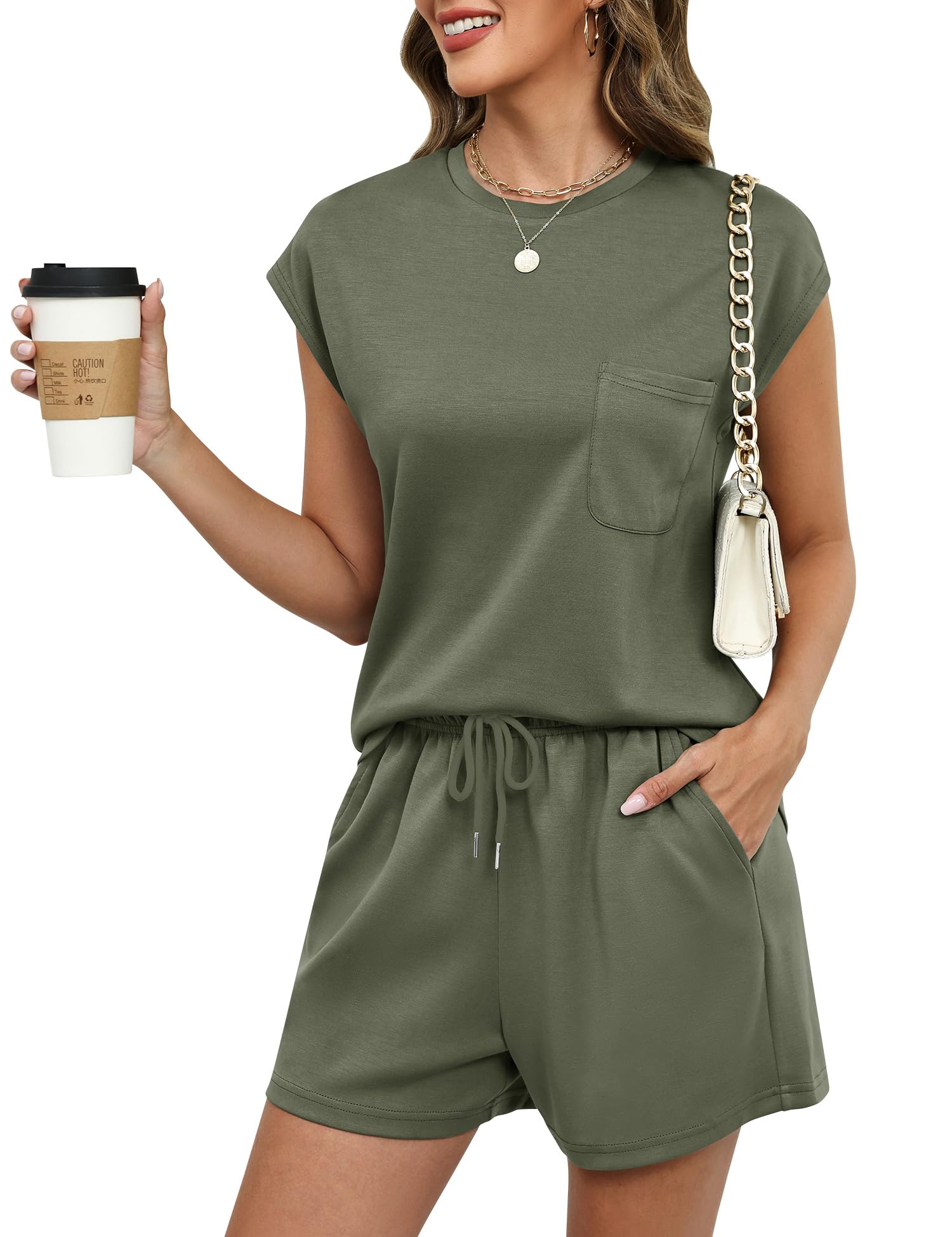 Rapbin Zweiteiler Trainingsanzug Damen Sommer Outfits Loungewear Jogginganzug Set Elegant Hausanzug Leichte Tracksuit Kurzarm T-Shirt und Shorts mit Taschen