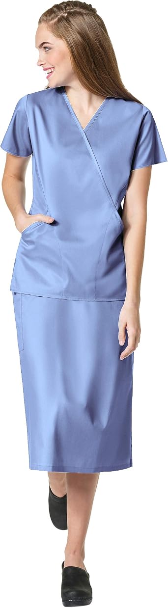 WonderWink Work Womens Wrap Top & Scrub Skirt Set + Badge Reel