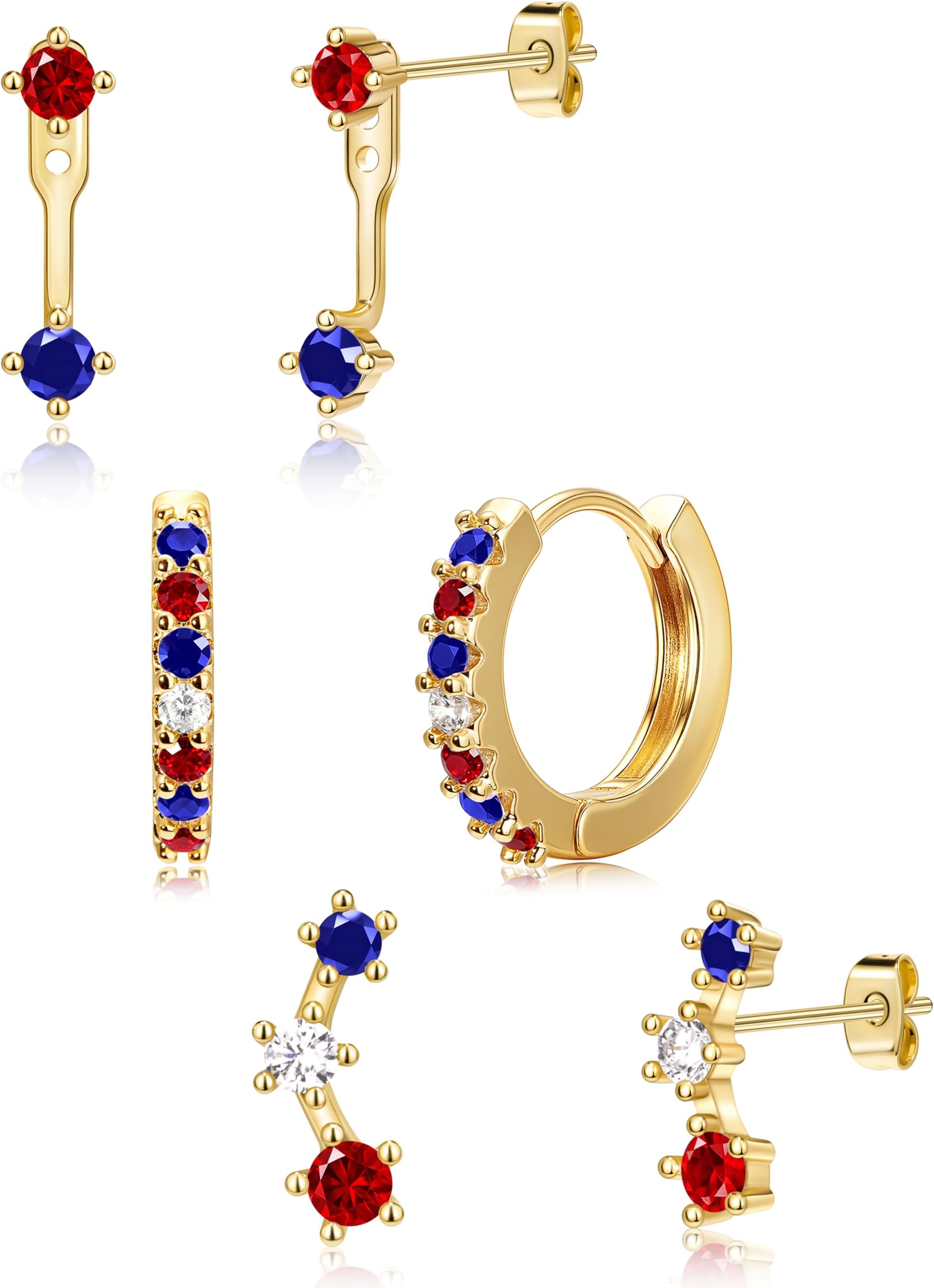 3 Pairs Dainty Small Earrings for Women Trendy, Birthstone Stud Huggie Hoop Jacket Stack for Cartilage Helix, Gold Plated Hypoallergenic Cute Women Fashion Accessories Western Jewelry Gifts