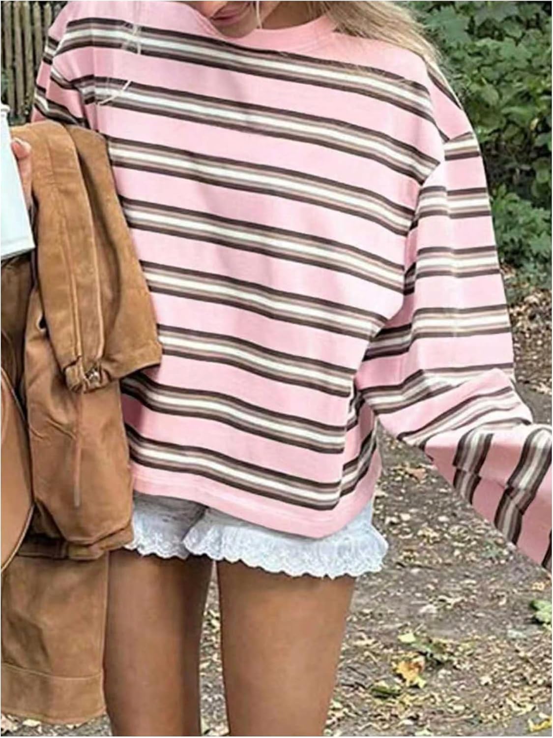 GORGLITTER Women's Oversized Striped Long Sleeve Shirt Y2K Cropped Drop Shoulder Pullover Tee T Shirts Going Out Outfits - Image 5