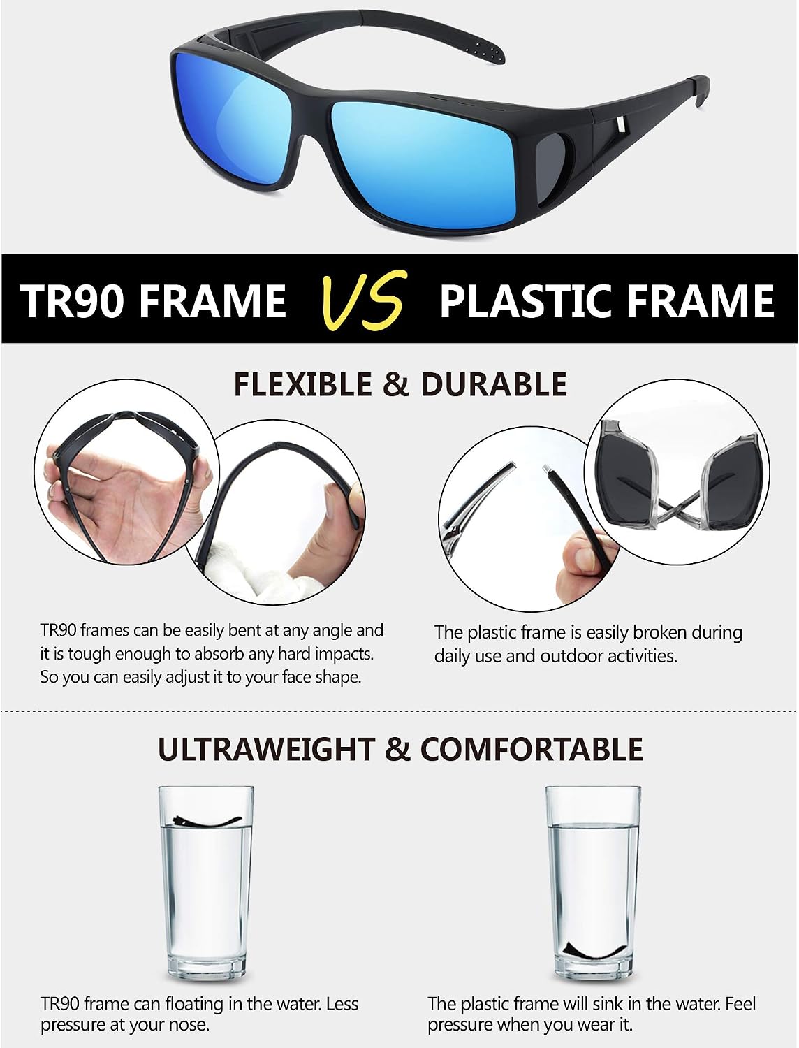 Polarized Sunglasses Fit Over Glasses for Men Women, Wrap Around Sun Glasses for Driving Fishing UV400 Protection
