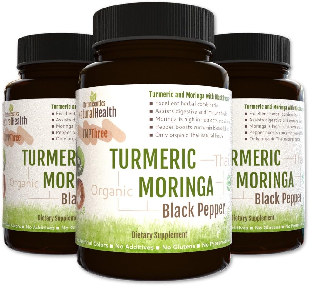 Botaniceutics Organic Turmeric, Moringa, and Black Pepper - 270 Capsules - 3 Bottle Pack - 500 Mg. No additives, no fillers. Natural Turmeric Curcumin, Moringa, and pepperine for Good Health.