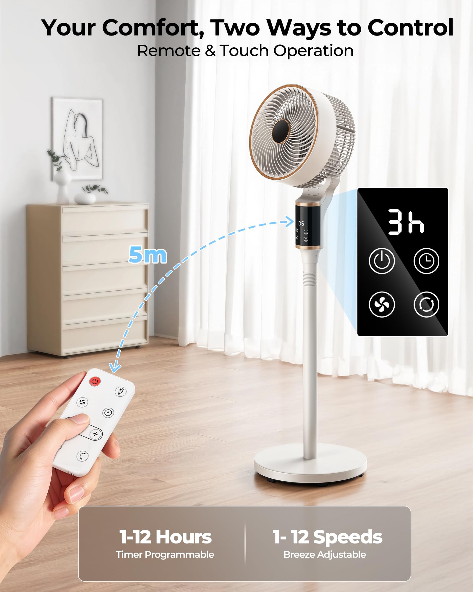 Ventilatore a Piantana Silenzioso, DC Ventilatore Silenzioso Potente con Telecomando 60°+90° Oscillazione , 102CM Altezza ,12 Velocità, Timer 12H Altezza Regolabile (L)