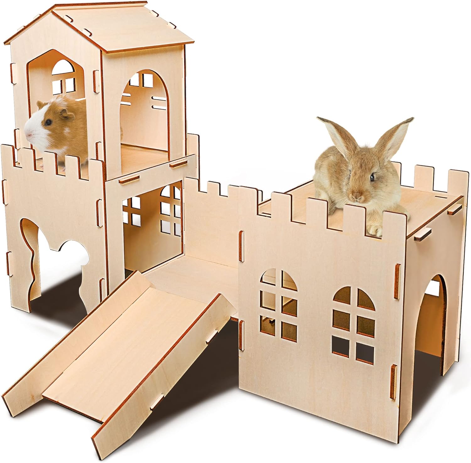 NICERINC PET Extra Large Wooden Rabbit Castle Hideaway Tunnel and Bed Small Animal