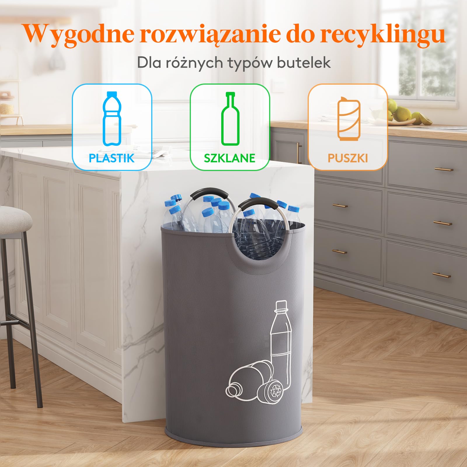 Pojemnik na butelki kaucjonowane Lifewit 115L, duży pojemnik z miękkimi uchwytami wykonanymi z aluminium, Szary