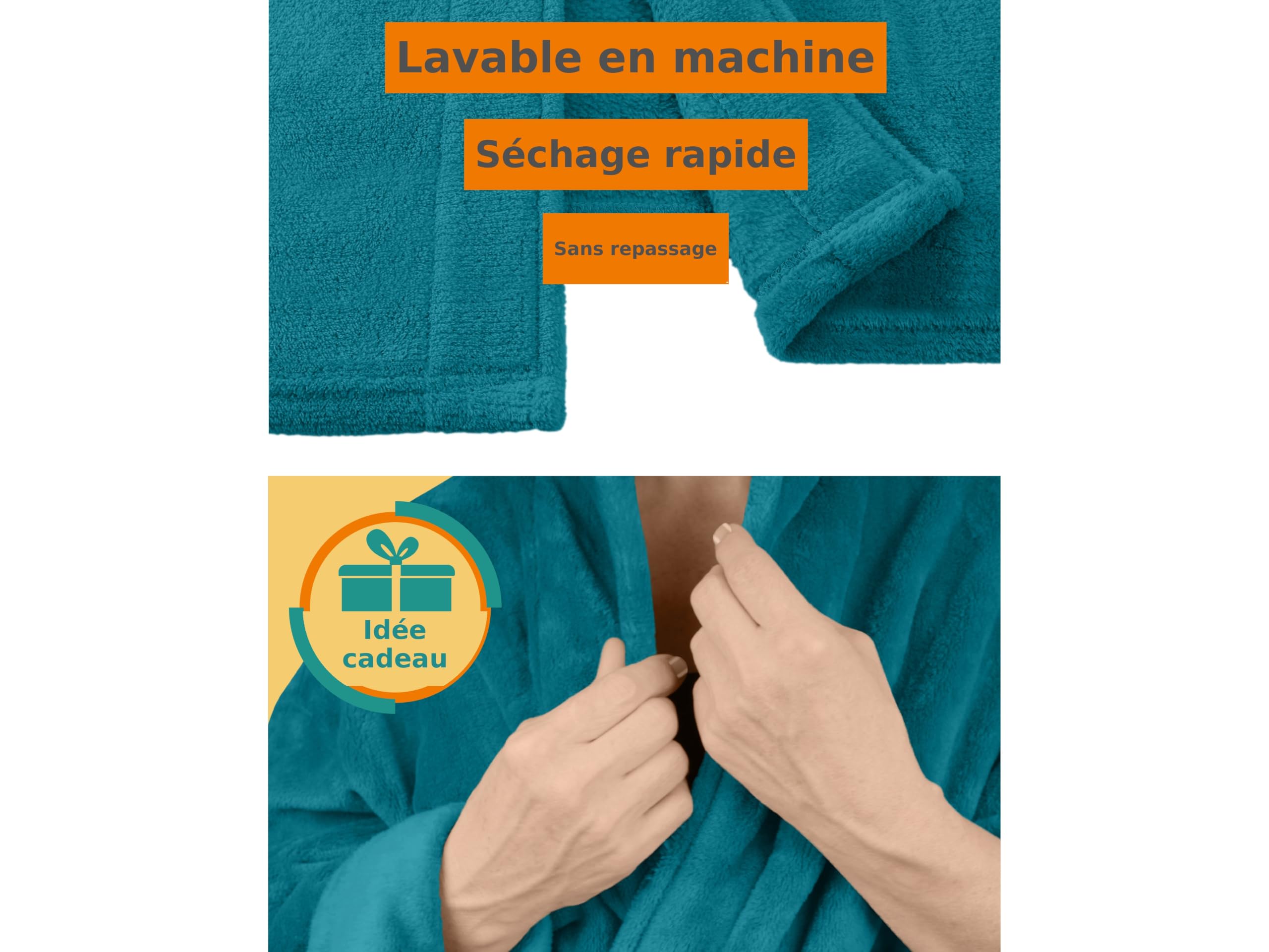 npluseins Peignoir de bain en polaire moelleuse avec col châle – Femme & Homme, XL, Pétrole