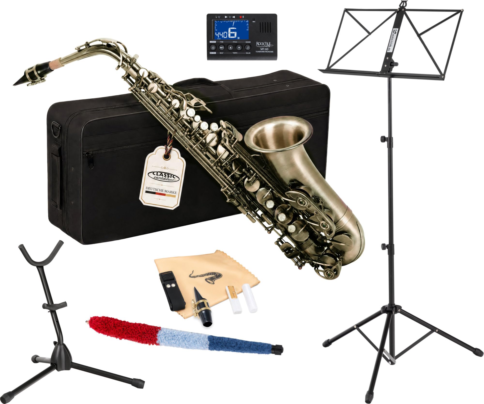 Classic Cantabile Winds AS-450 Antique Yellow Set de Saxofón Alto | Saxofón alto de latón, Acabado vintage Antique Yellow, Llave de fa aguda, Sonido lleno y cálido, Respuesta rápida, Peso: 2